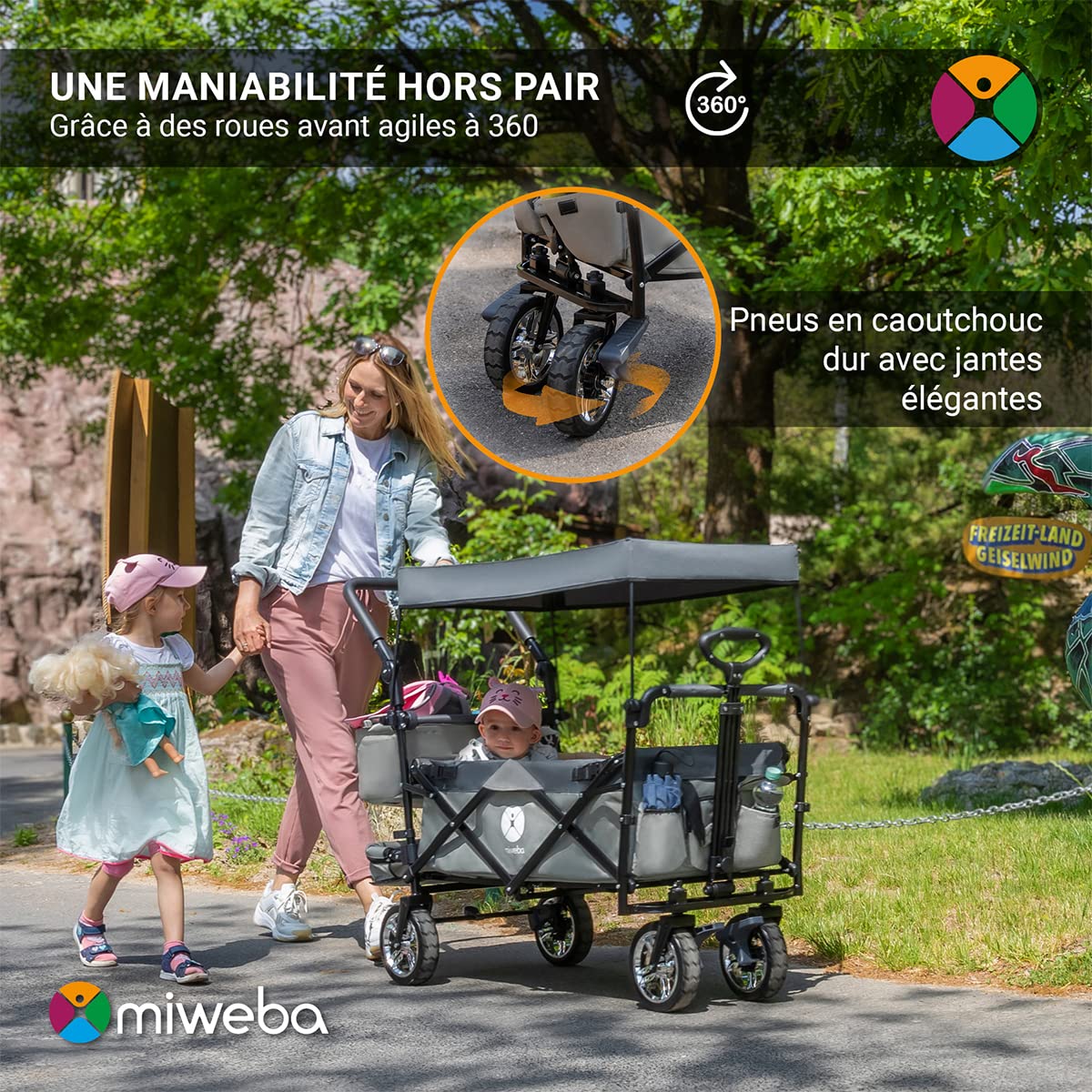 Miweba Chariot pour Enfants MB-20 - Chariot Pliable - Système de Harnais à 2X 3 Points - Frein de Stationnement - Roues en Caoutchouc Dur - Pare-Soleil avec Protection UV (LSF25)