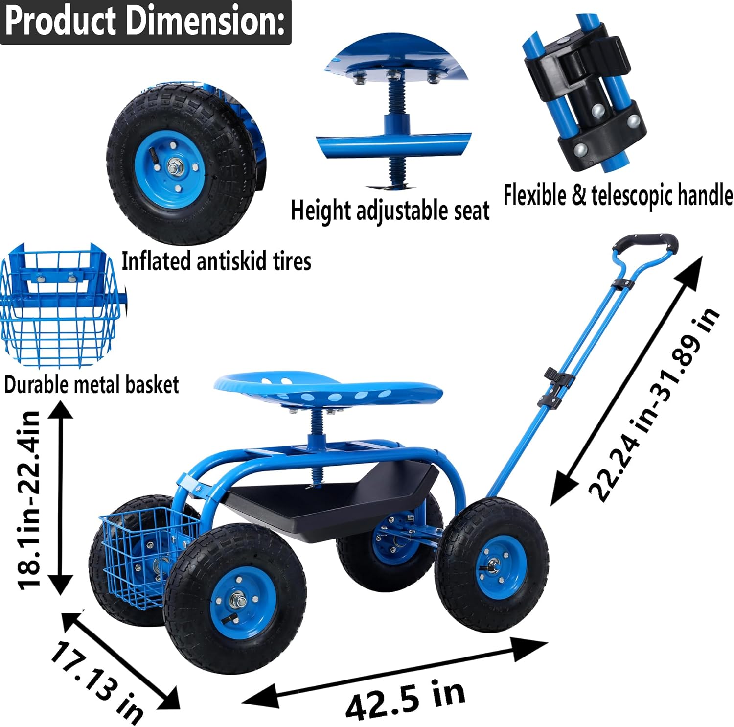 Gardening Stool on Wheels,Rolling Garden Seat with,Garden Cart with Seat Handle Adjustable,Gardening Chair Height Adjustable,Garden Cart ,Garden Seat with Wheels,Gardening Gifts for Women (Blue)