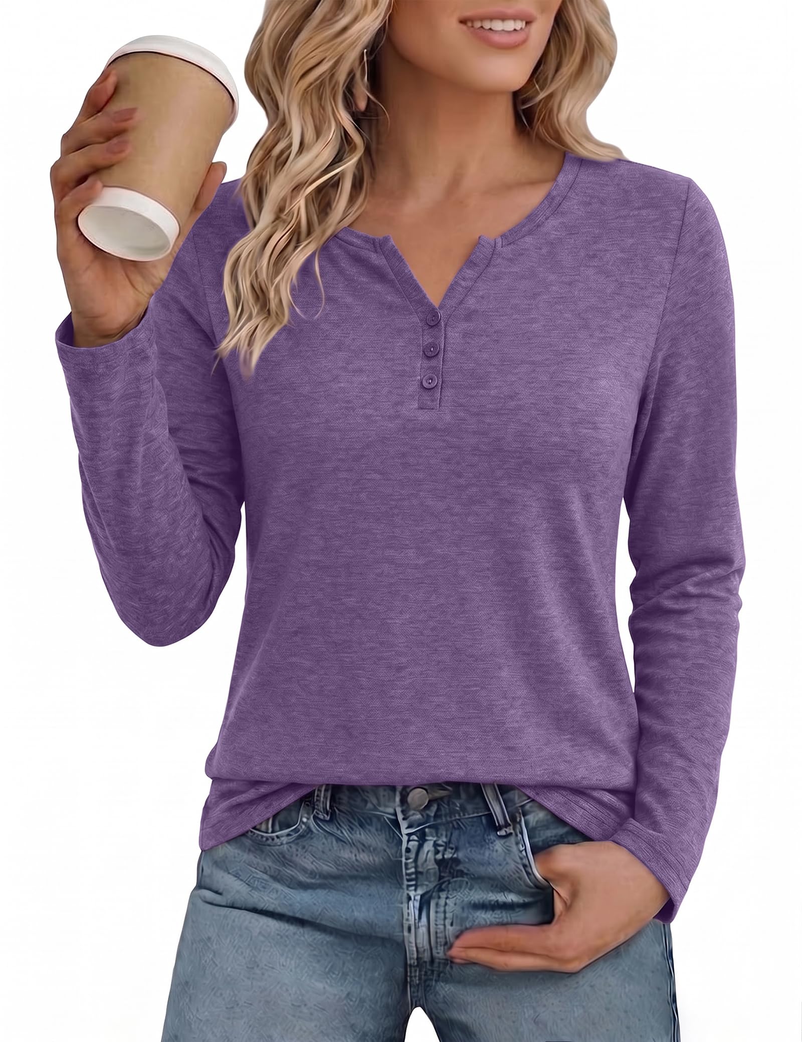 Totatuit Langarmshirt Damen Henley T-Shirt V Ausschnitt Locker Bluse S-XXL | Basic Shirt mit Knopfleiste Einfarbig, Oberteil Langarm Casual, Lässig Top für Herbst Winter und Übergangszeit