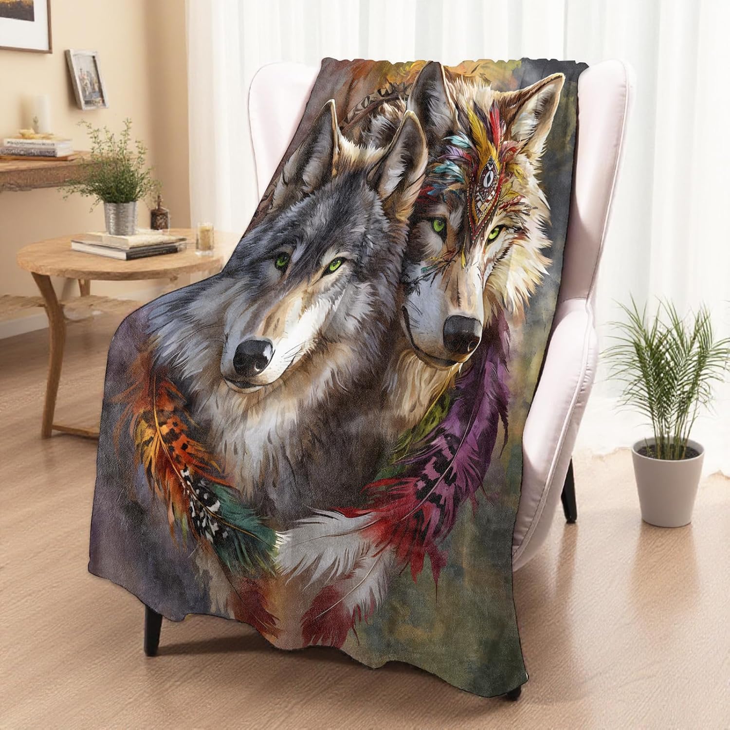 Tribal Wolf Pair Blanket, Cozy Plush Throw Blanket for Couch Bedroom Outdoor, Lightweight Soft Flannel Travel Blankets, Gifts for Women Adults Kids, Warm Decor 50"×60"