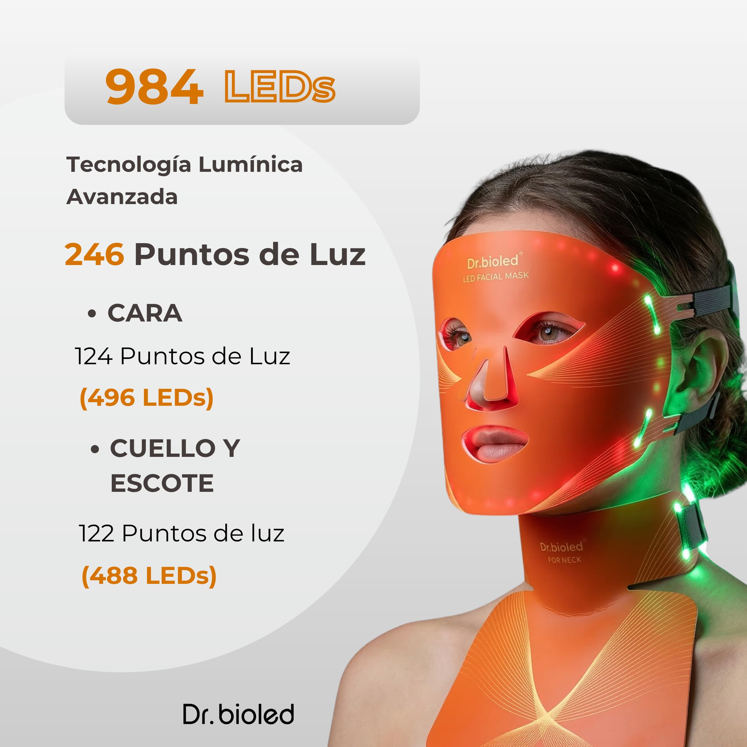 Máscara LED Facial y Cuello 488 LEDs – 8 Colores de Luz LED para Rutina de Belleza Facial – Mascarilla LED de Silicona Flexible y Cómoda – Diseño Ergonómico – DR. BIOLED