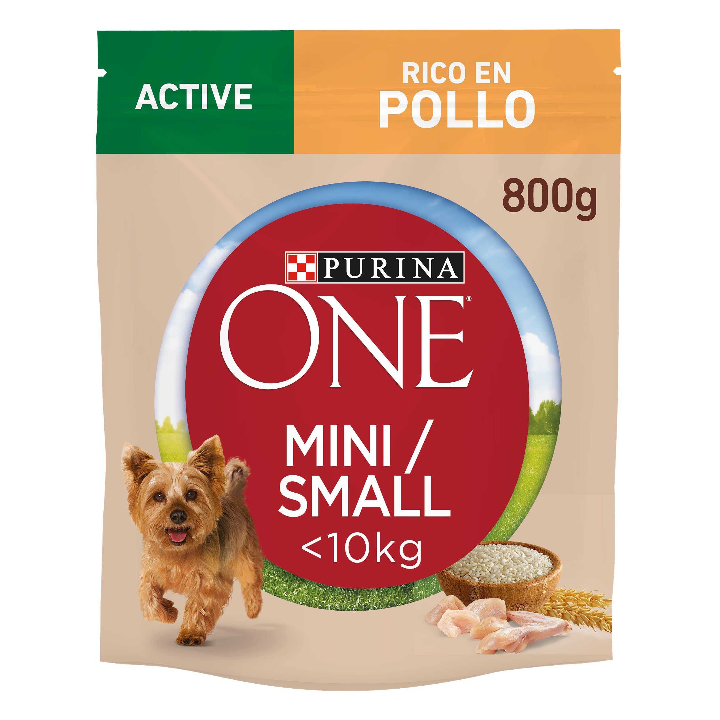 PURINA ONE MINI Active Pienso para Perro Adulto Pollo y Arroz 8 x 800 g