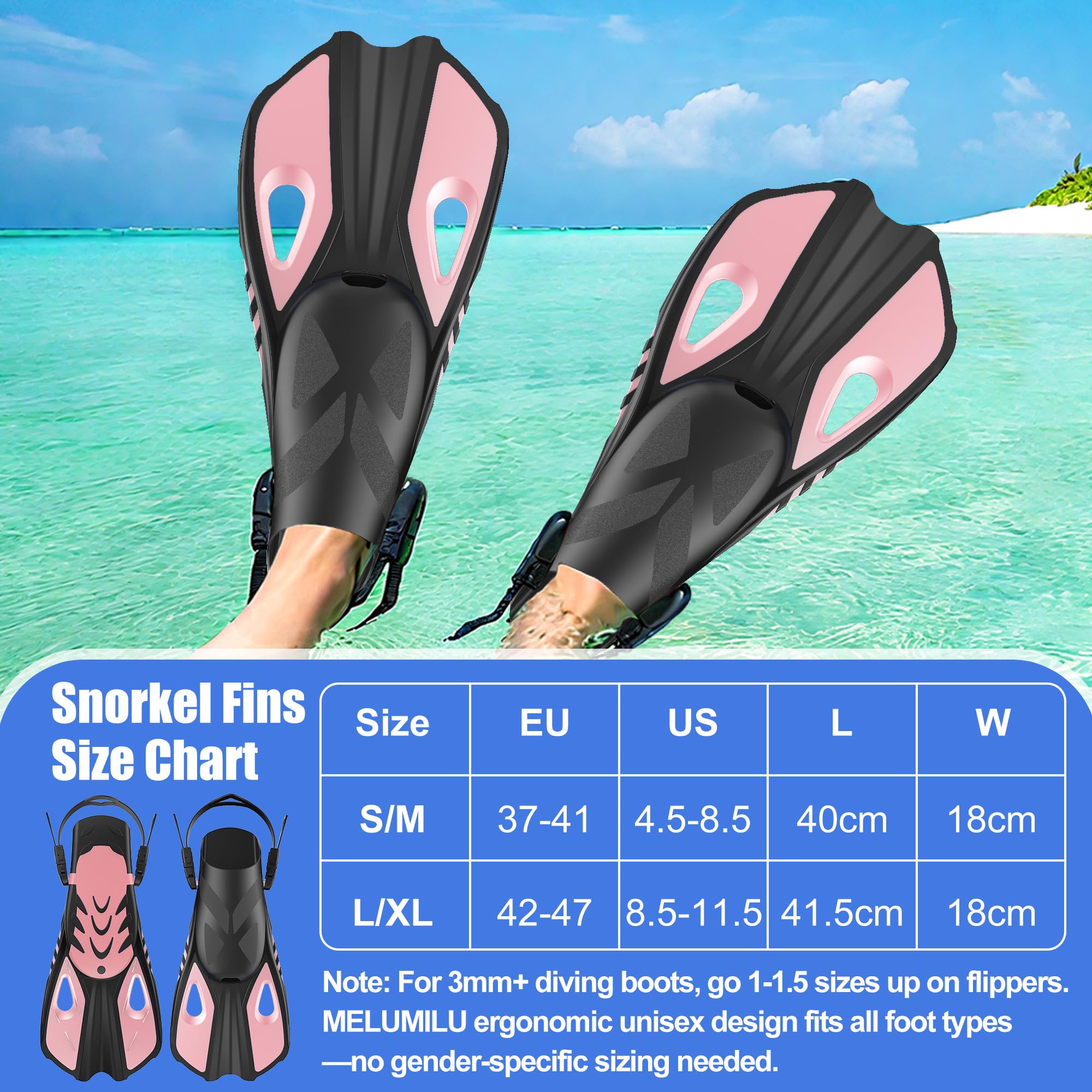 MELUMILU Snorkel Fins, Swim Fins Travel Size Short Adjustable for Snorkeling Diving Adult Men Women Open Heel Swimming Flippers: Pink S/M (US Men 4.5-8.5 / Women 5.5-9.5)