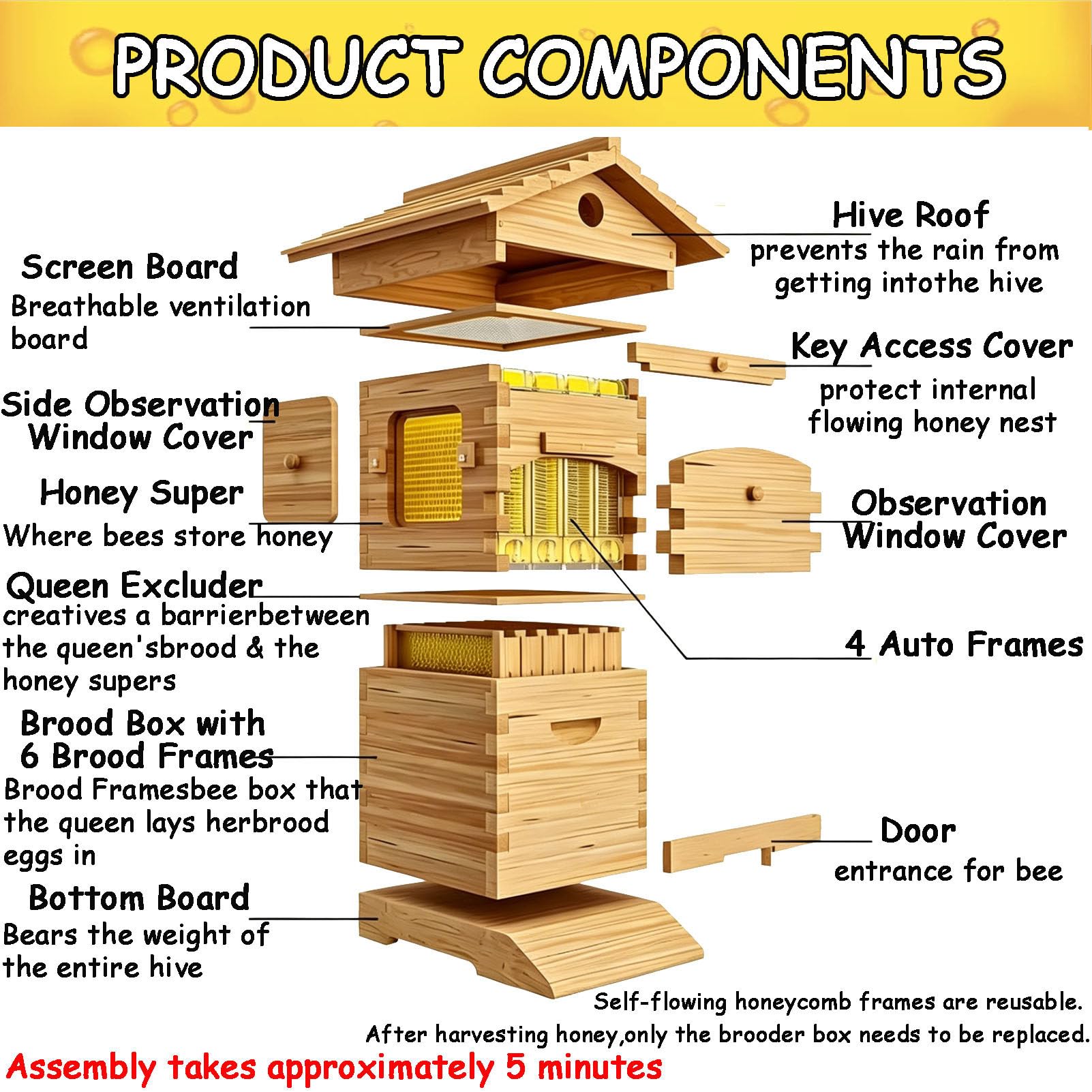 Kit per Apicoltura Flow Hive, arnia in Legno Completa con telaini a Flusso Automatico di Miele, Non è Necessario l'affumicatore per l'apicoltura Domestica