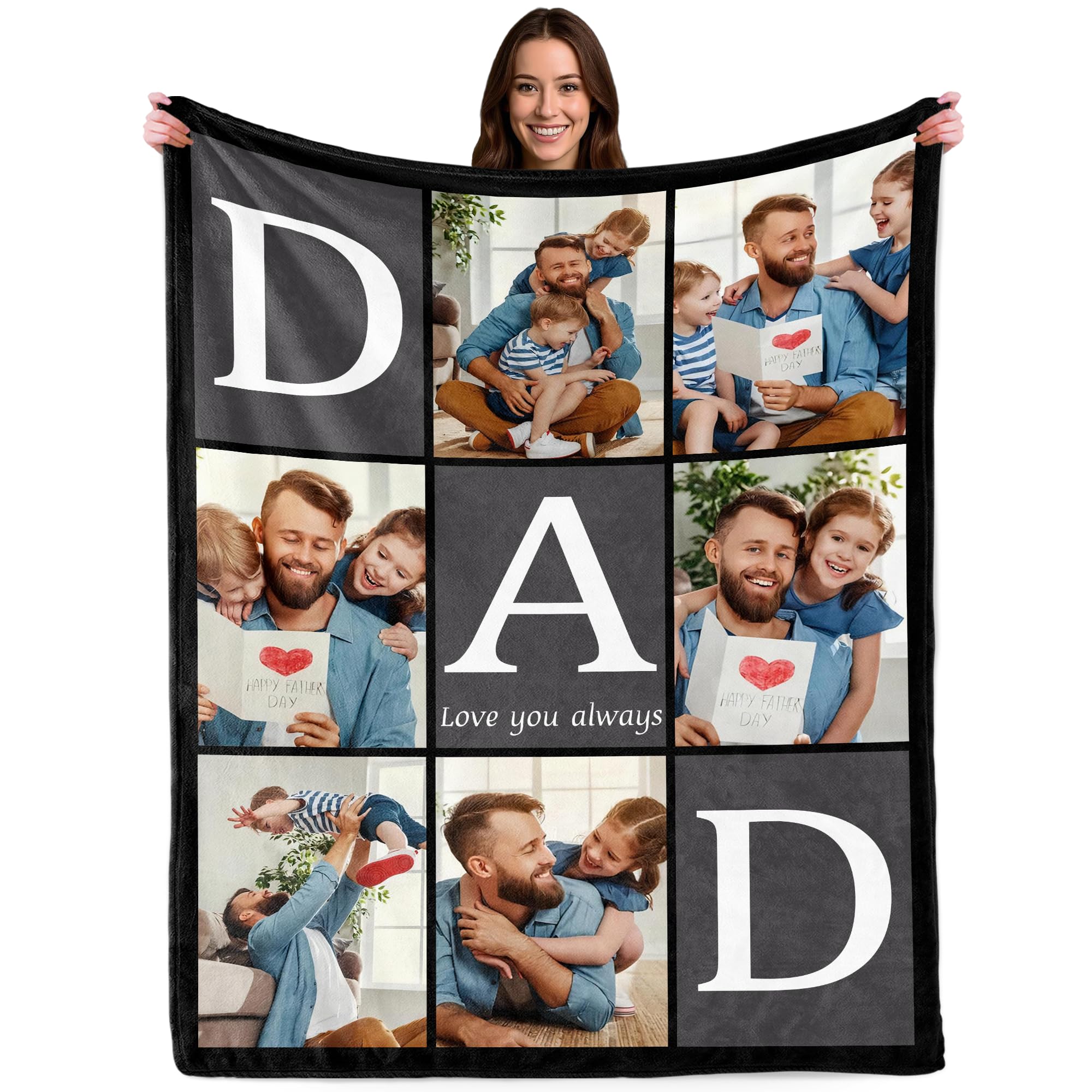 Personalised Blanket with Photo Text, Customised Picture Blanket for Adult Family, Custom Blanekt, Personalised Christmas Valentines Fathers Day Birthday Gifts for Dad Daddy Men from Daughter Son