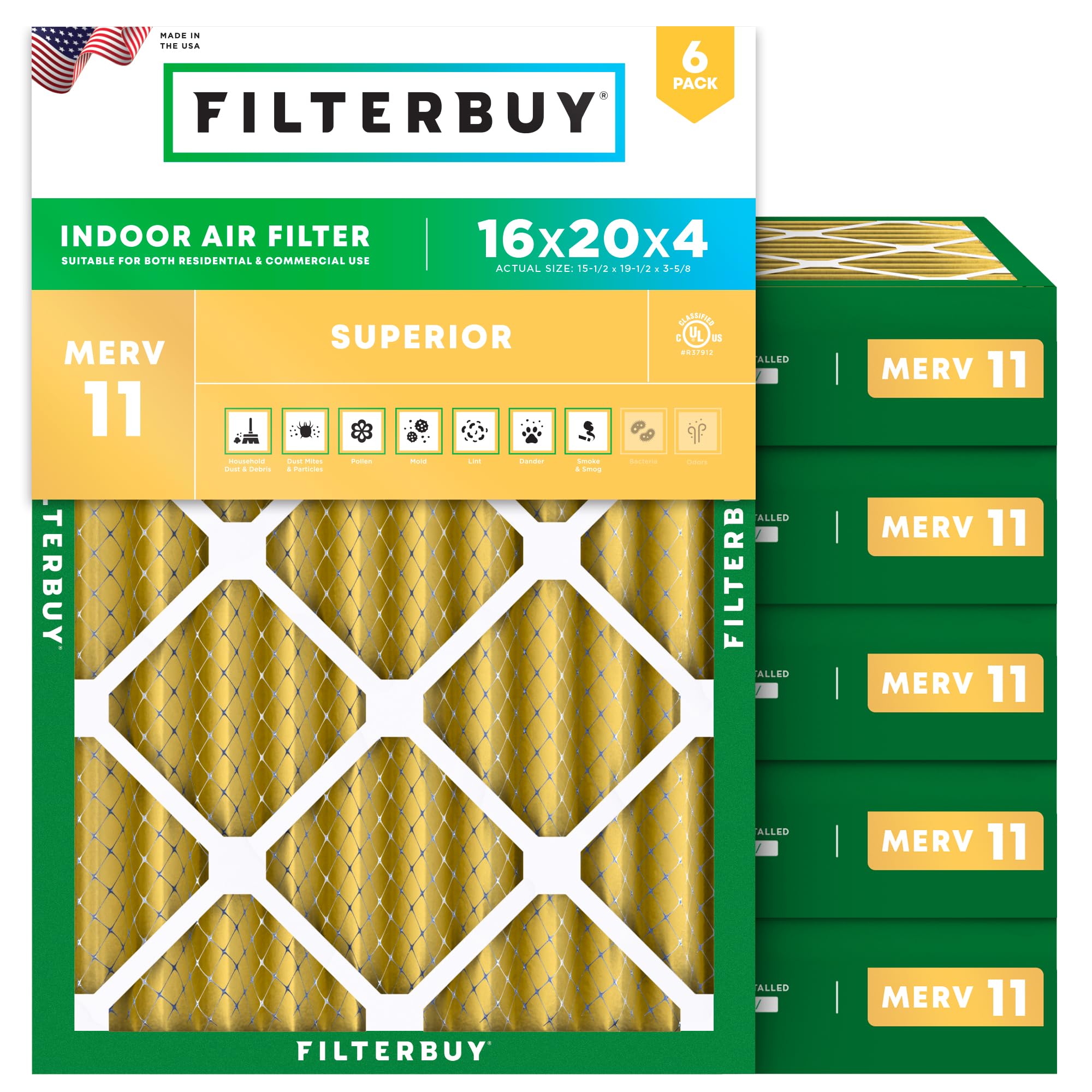 Filterbuy 16x20x4 Air Filter MERV 11 Pet &amp; Allergy Defense (6-Pack)