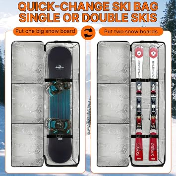 Expandable Padded Rolling Ski Bag Snowboard Bag with Wheels,Heavy Duty 900D Oxford Waterproof Ski Travel Bag from 165-177 cm with Detachable Portable Bag for Snowboard or Skis Accommodates Ski Boot