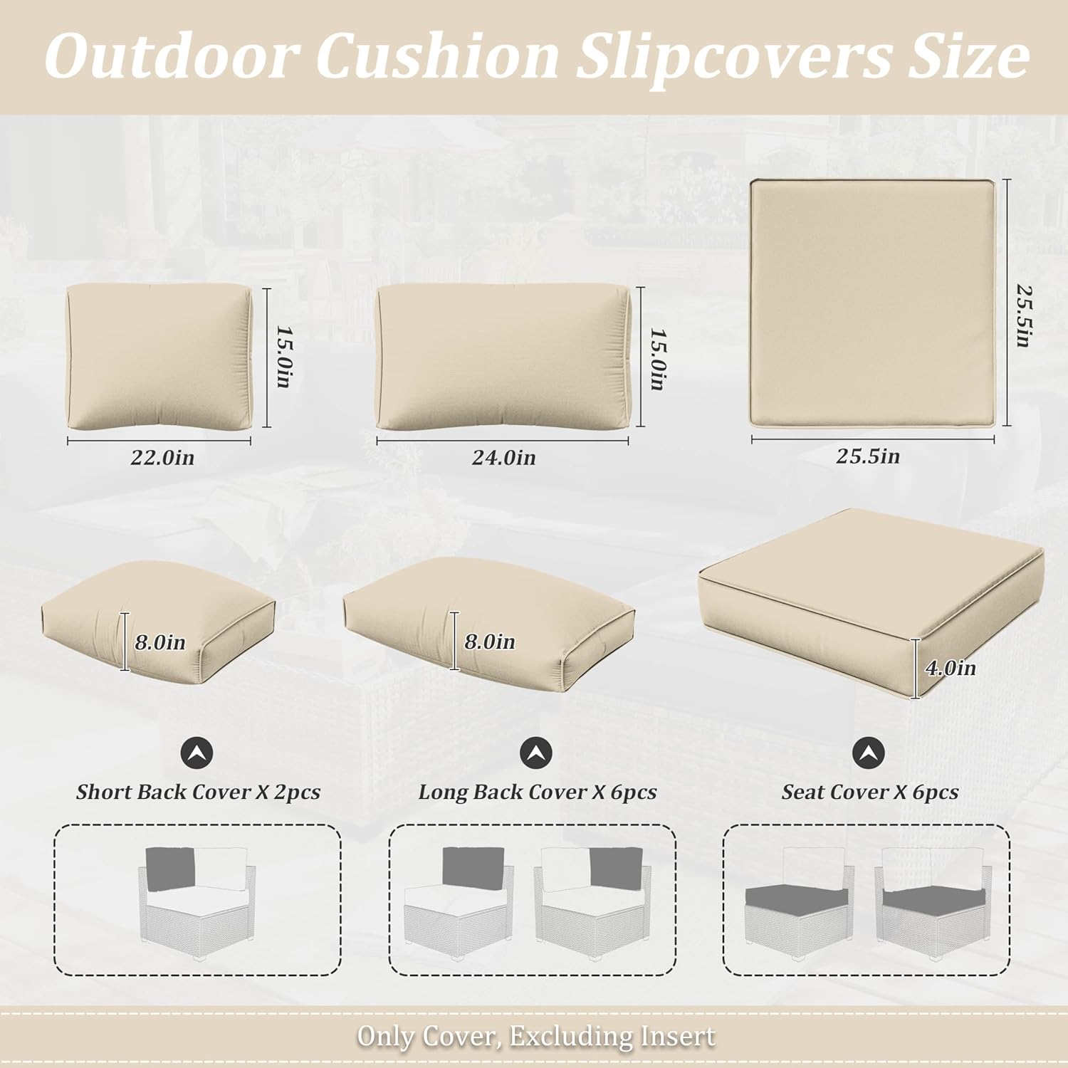 14 Pcs Outdoor Cushion Slipcovers Outdoor Patio Cushion Covers Replacement Waterproof with Zipper for Outdoor Furniture, Patio Sofa Couch 3 Sizes, Covers Only