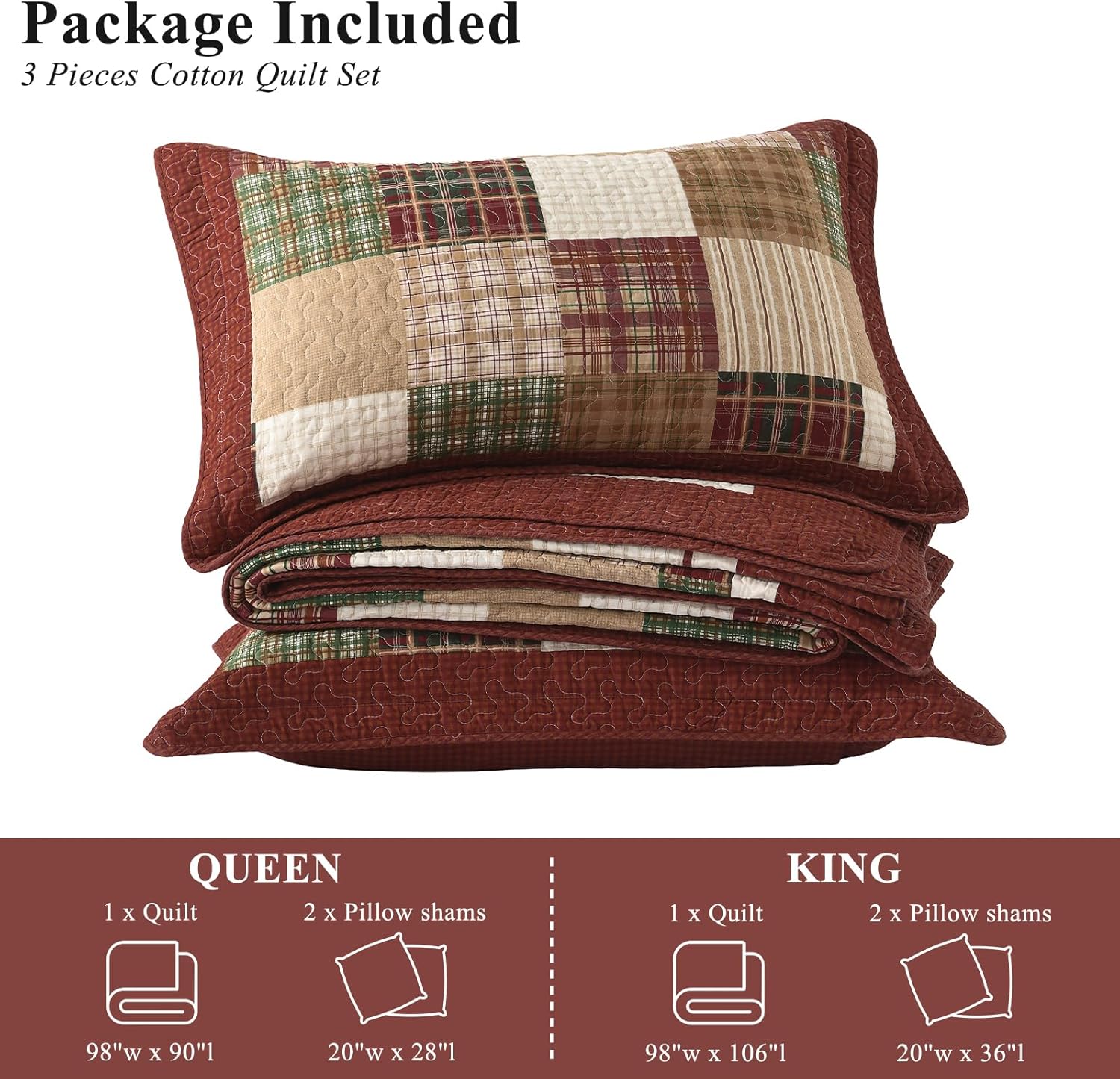 Quilts Queen Size - Plaid Design Farmhouse Quilt Set with Matching Shams, 3 Pieces 100% Cotton Queen Quilt Bedding Set, Reversible Bedspread Coverlet for All Season, Red/Green/Beige