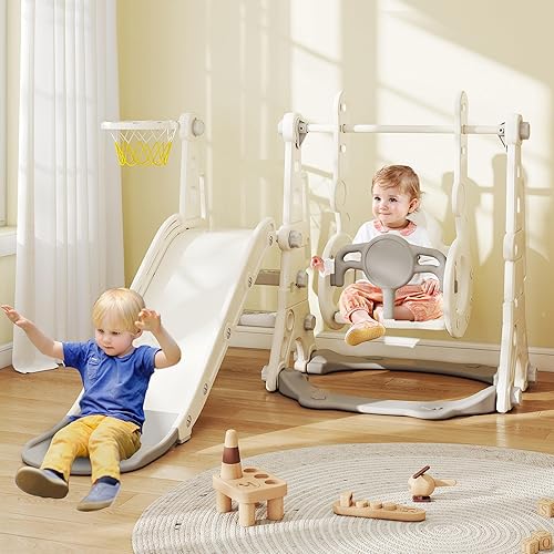 Miniatura 14 de Set de juego de tobogán y columpio 9 en 1 para niños pequeños, tobogán para niños de 1 a 3 años, juego de juego para interiores y exteriores con aro