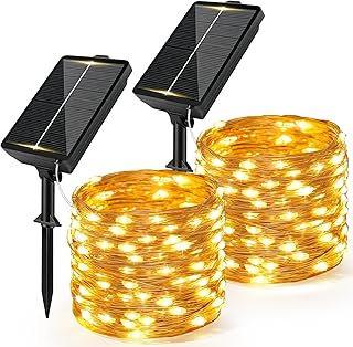 2 Stück Solar Lichterkette Aussen, 12M 120LED Solarlichterkette Außen Wetterfest 8 Modi Kupferdraht Lichterkette Außen Solar Outdoor mit 1200mAh Solarpanel für Garten Balkon Hochzeit Party, Warmweiß