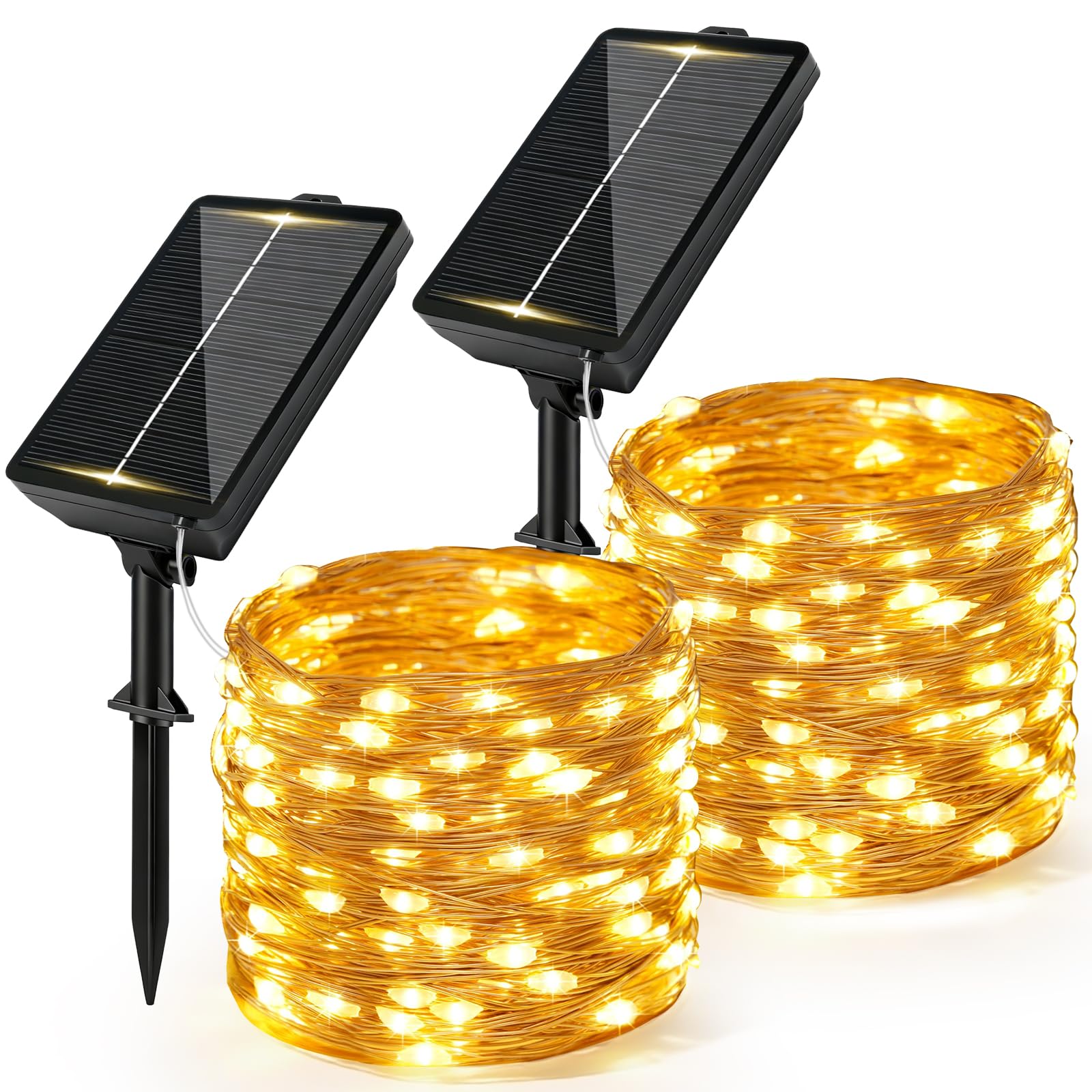 2 Stück Solar Lichterkette Aussen, 12M 120LED Solarlichterkette Außen Wetterfest 8 Modi Kupferdraht Lichterkette Außen Solar Outdoor mit 1200mAh Solarpanel für Garten Balkon Hochzeit Party, Warmweiß