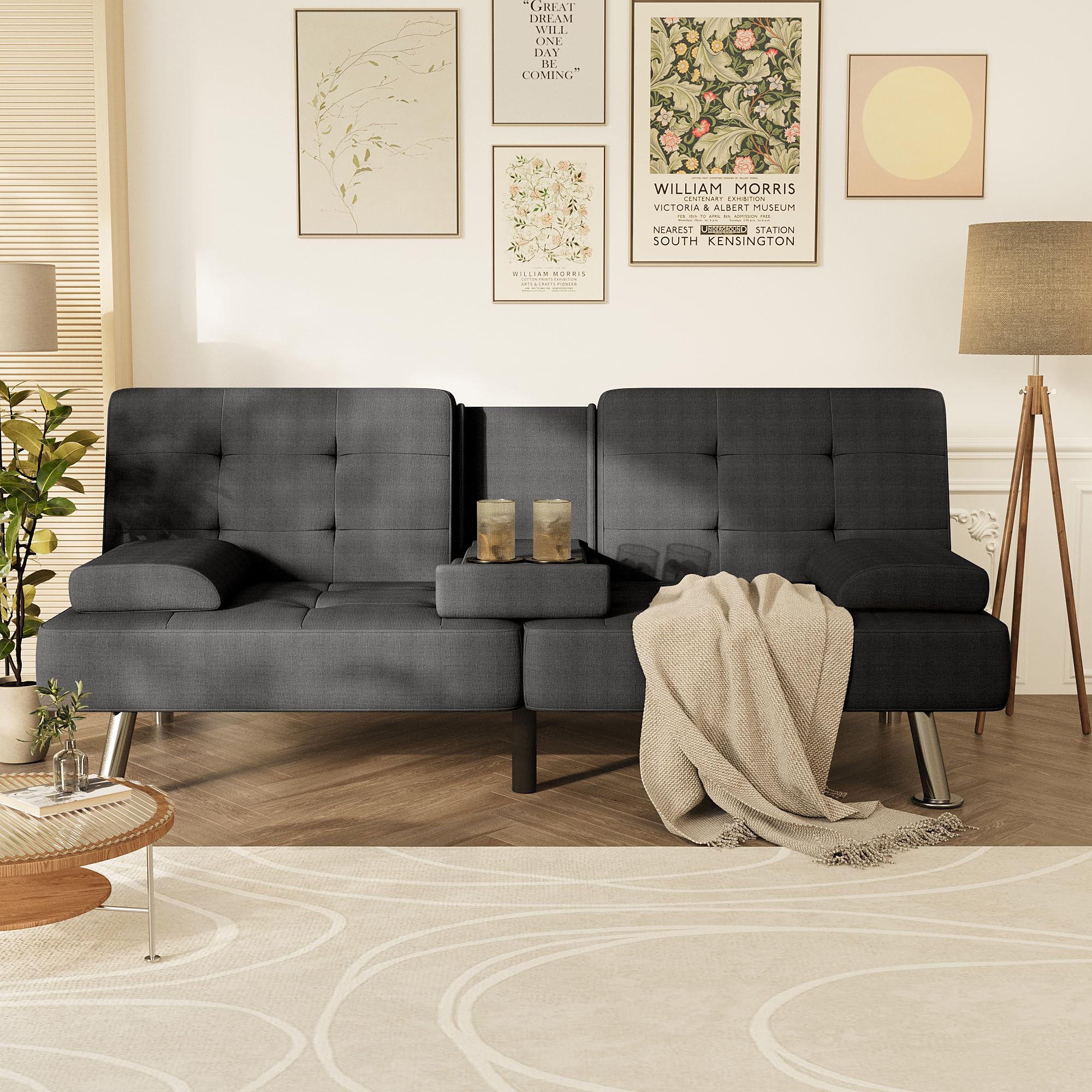 Homall Black Linen Futon Sofa Bed, Futon Couch for Living Room | Adjustable Recliner Sleeper Sofa with Removable Armrests & Dual Cup Holders, Futon Set for Apartment, Office