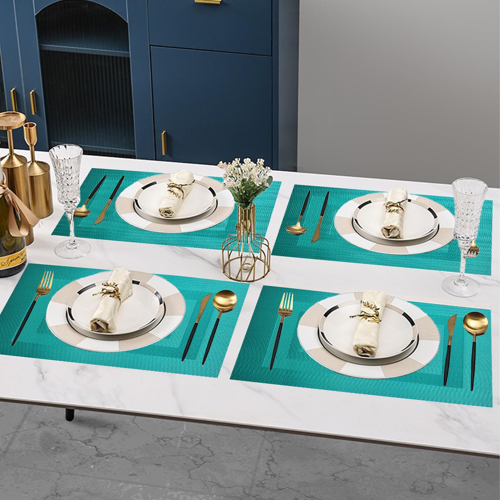PIGCHCY Lot de 8 sets de table lavables et durables en vinyle résistants à la chaleur antidérapants pour intérieur et extérieur (45,7 x 30,5 cm, bleu turquoise)