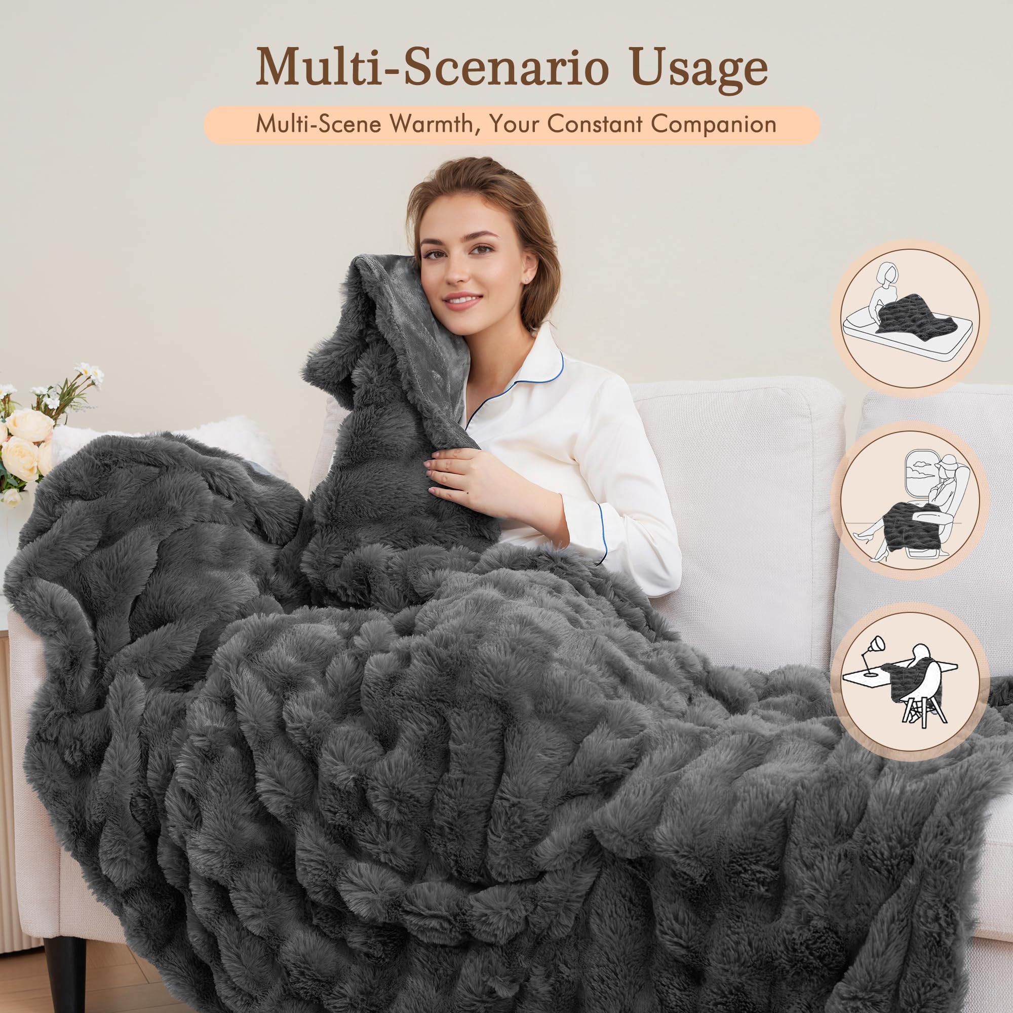 CURECURE Wärmedecke Elektrisch Heizdecke 130x180cm, Puffy Bubble Design aus Kaninchen-Fleece & Flanell Heizdecke, 4 Heizstufen, 10h Auto-Off, maschinenwaschbar für Bett, Sofa, Büro (Grau)