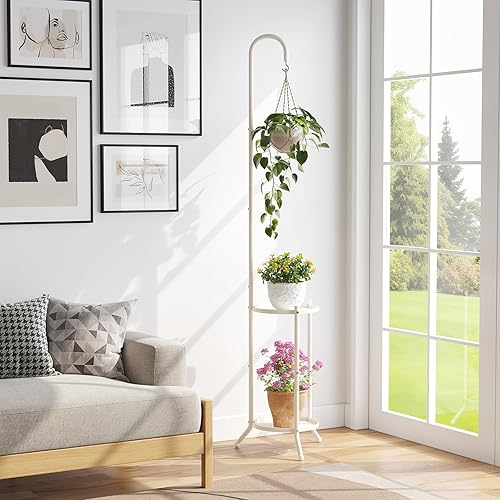 Miniatura 2 de Soporte de metal para plantas de 2 niveles con gancho para colgar, estante para plantas de interior y exterior, soporte resistente para plantas de