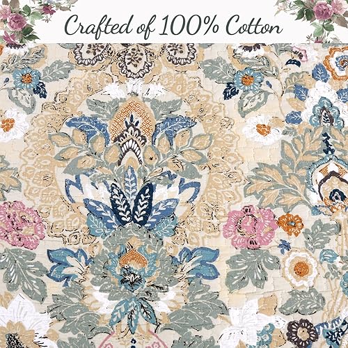 Miniatura 4 de Cozy Line Home Fashions Juego de edredón clásico de lujo, 100% algodón, color beige, azul, floral, rosa, flores, estilo bohemio, colcha reversible