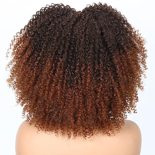 Miniatura 5 de Fancy Hair Peluca rizada afro con flequillo, peluca rizada sintética sin pegamento para mujeres negras, color marrón degradado