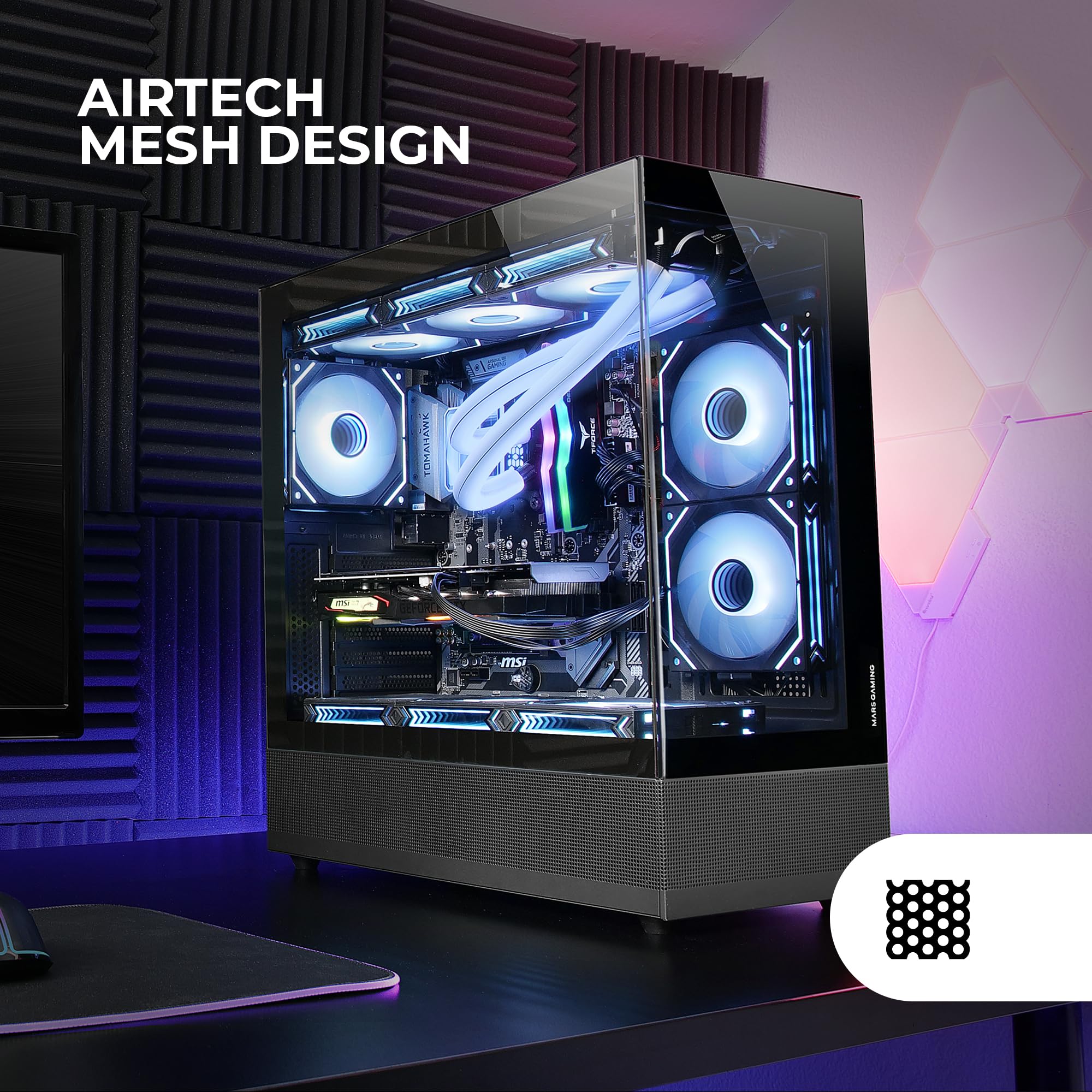 Mars Gaming MC-SET, Case PC ATX, Pannelli Frontali e Laterali Vetro Temperato Continuo, Design Inferiore con Tecnologia AirTech Mesh, Semitower Gaming Doppia Camera, Capacità Fino a 9x Ventola, Nero