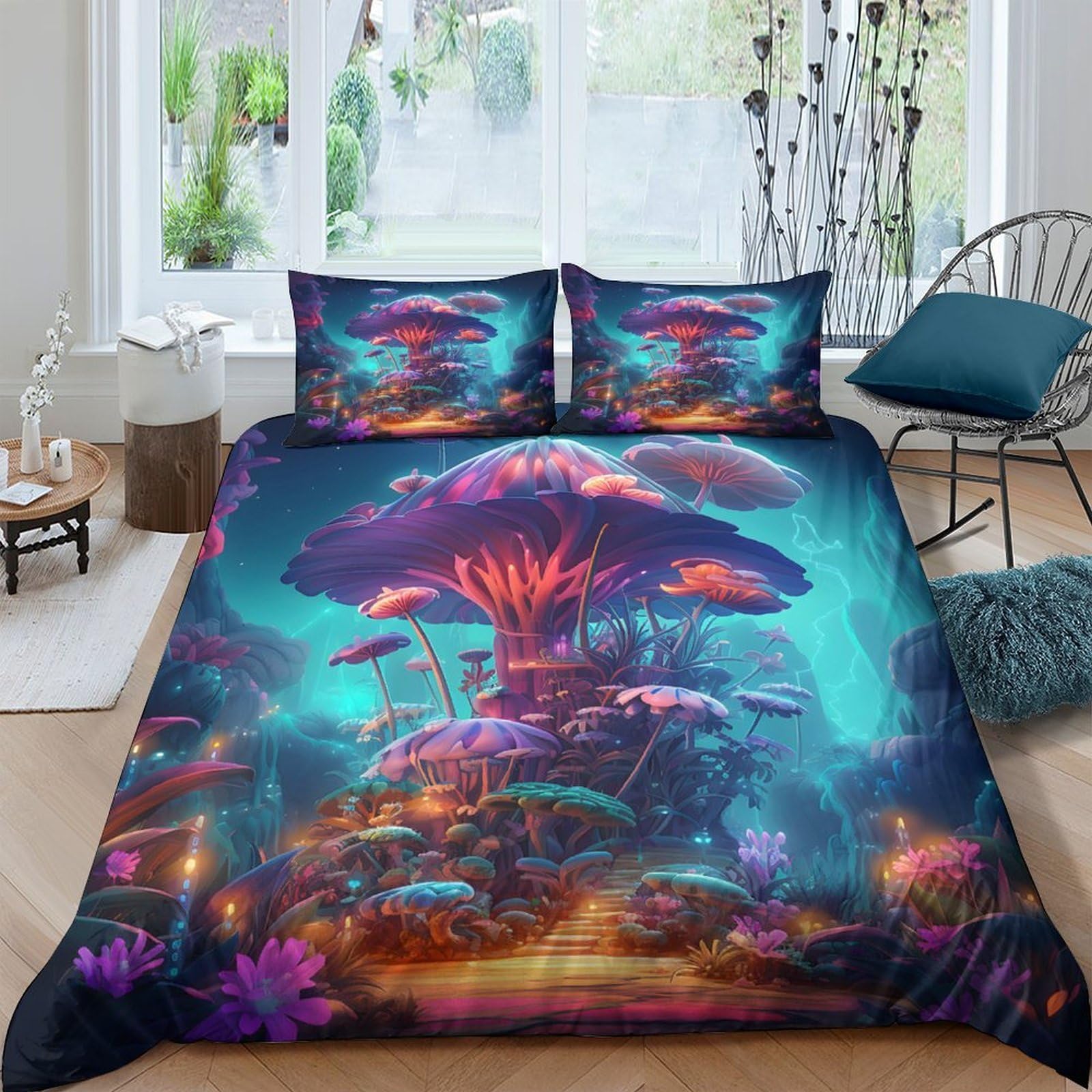 Ctjqhvkz Style-3 3D Printed Fantasy Mushroom Fitted Sheet Microfiber Anti-Slip Mattress Cover Vibrant Bedroom Decor Dustproof Single（135X200cm）