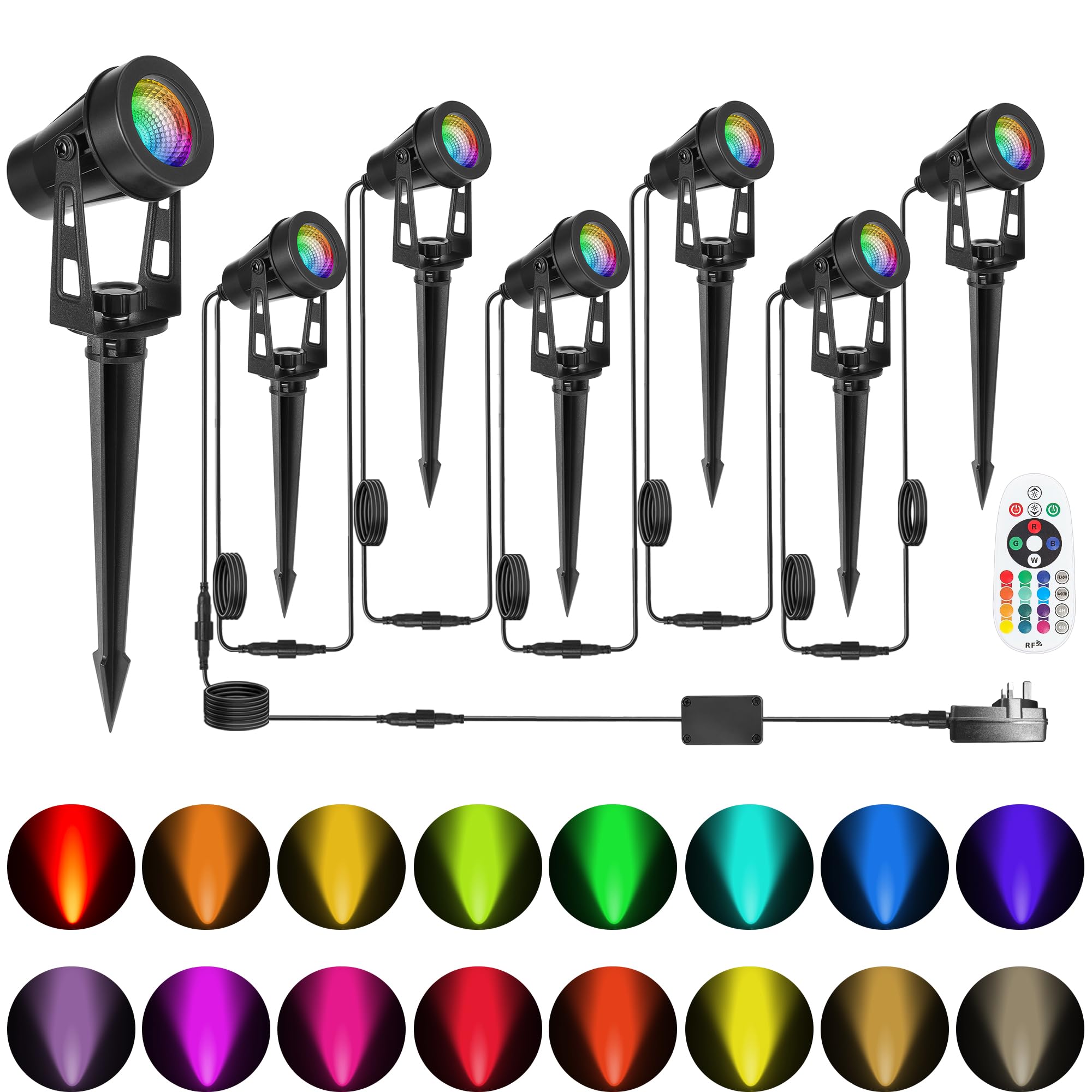 HUAEU RGB Garden Spotlights Mains, 21 M, 6-in-1 Outdoor LED Spotlight, Warm White, 3000 K, 12 V