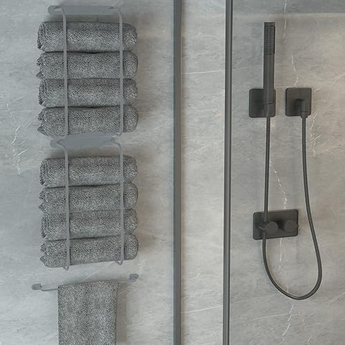 Miniatura 10 de Juego de toalleros negros 2 en 1 para pared, toallero de baño y almacenamiento, perfecto para pequeños spas y salones