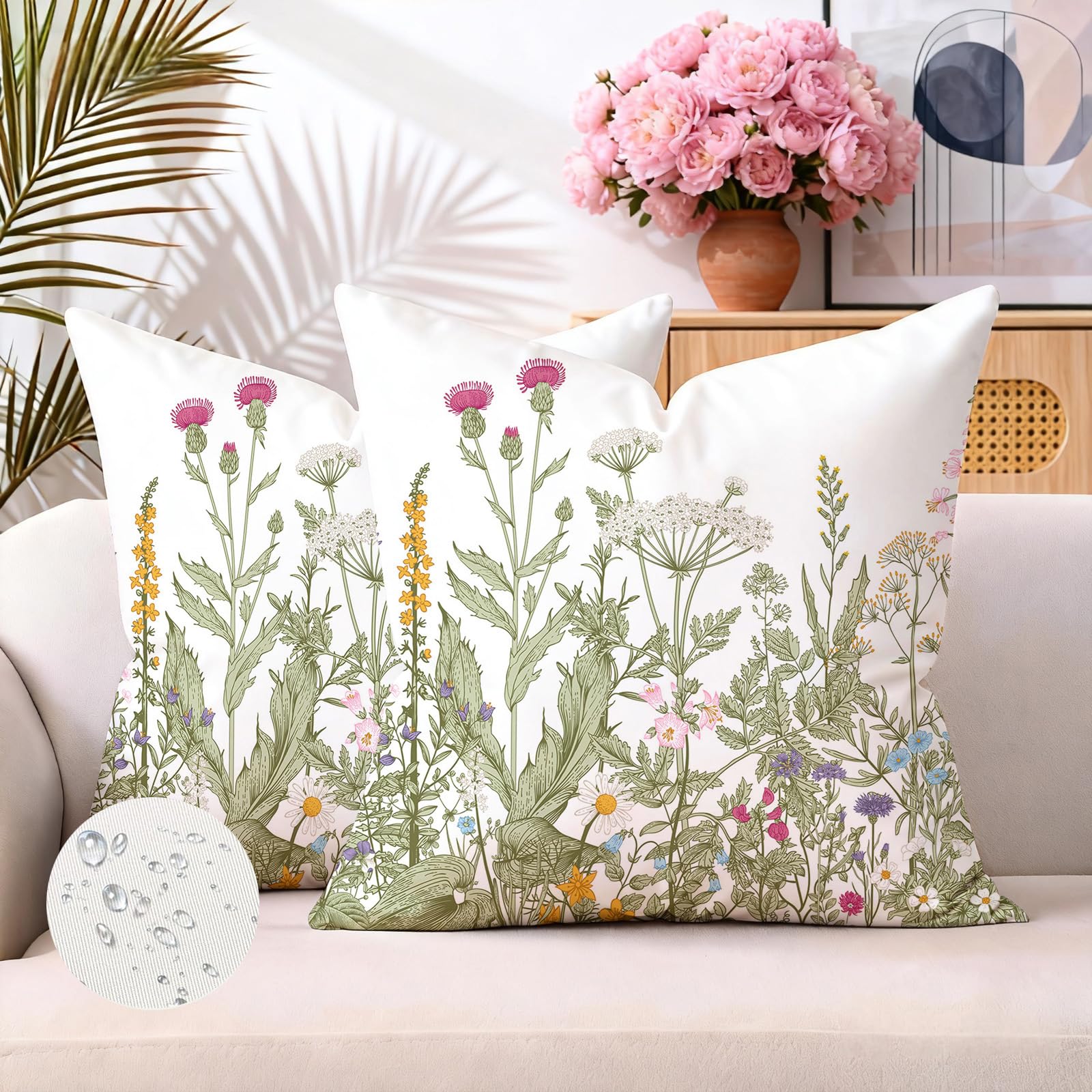 Brylleii Outdoor Cushion Covers, Waterproof Cushion Covers, 40 x 40 cm, Sage Green, Wildflower Plants, Decorative Cushion Covers for Sofa, Spring, Summer, Outdoor Decorative Cushion, Couch, Set of 2