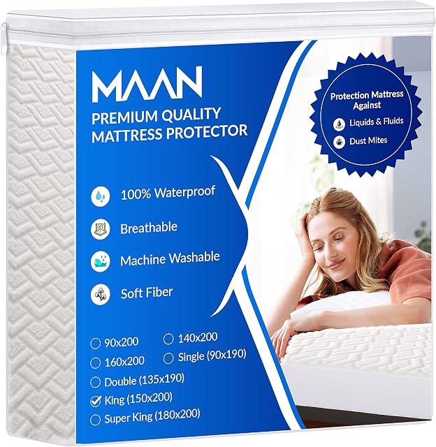 MAAN Bamboo Waterproof Mattress Protector - Extra Deep Fitted Quilted King Size - Noiseless, Breathable and Hypoallergenic, 3D Air Fabric 220 GSM with TPU Backing Material (UK King 150 x 200 + 38 cm)