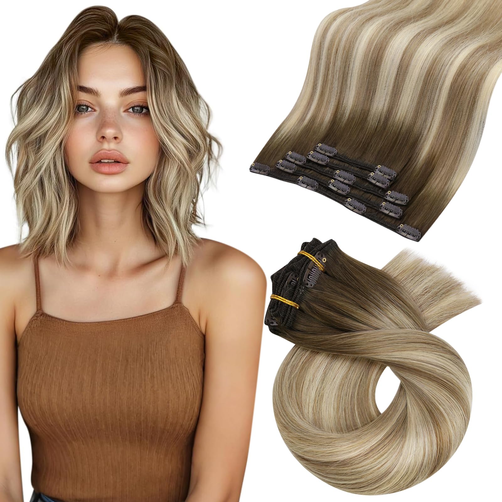 Moresoo Human Hair Extensions Clip in Real Hair Ash Blonde with Bleached Blonde Clip in Hair Extensions Remy Human Mid-length Hair Layered Add Volume 14 Inch 5pcs/80g #P18/613 — view 46