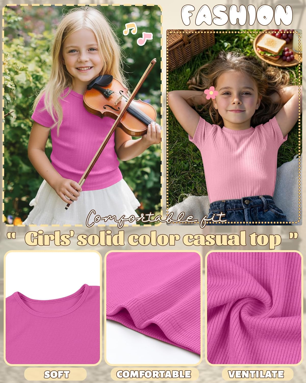 3 Pack Toddler Girls' Ribbed Shirts Short Sleeve Crew Neck T Shirts Knit Slim Fit Soft Solid Base Layer Tee 18M-5T