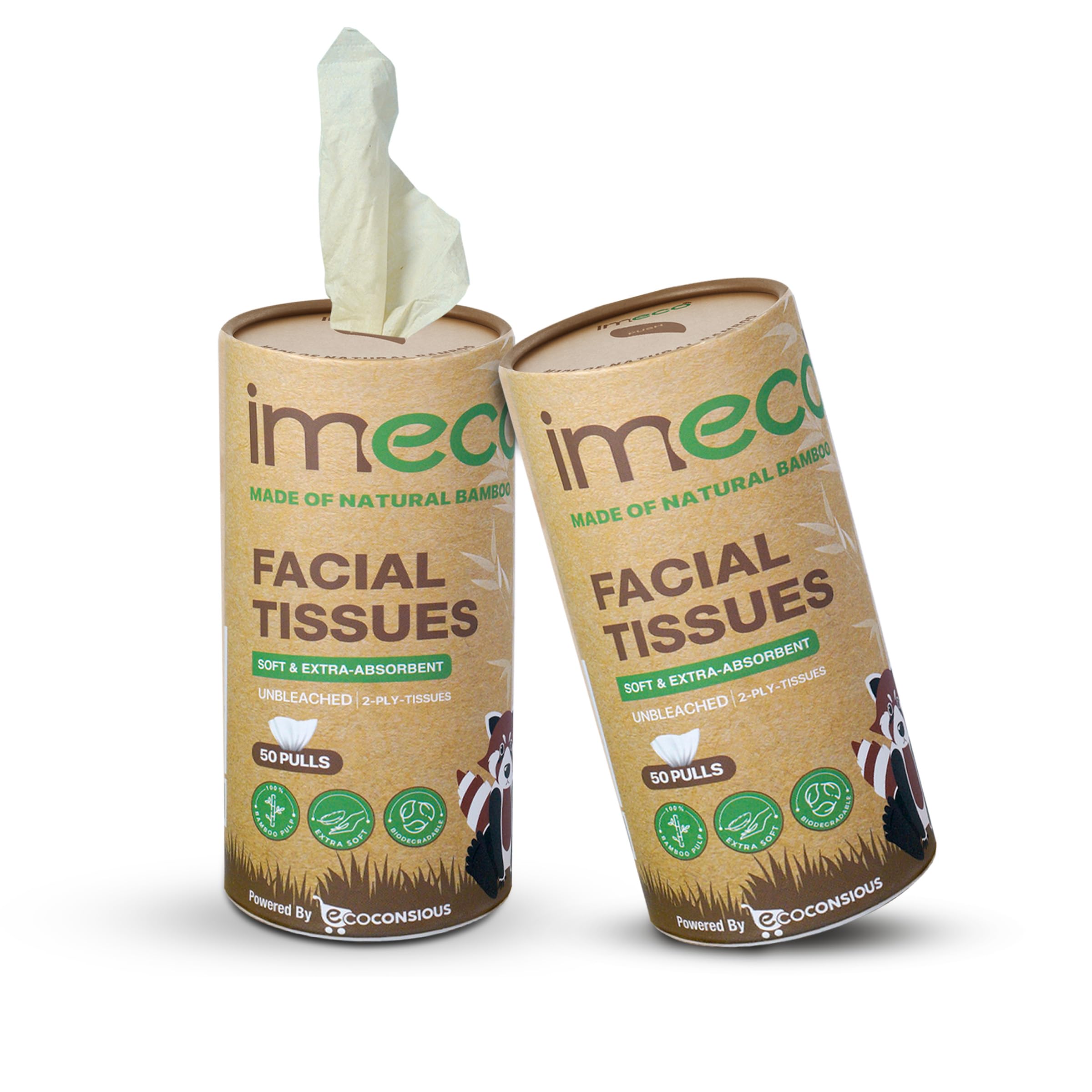 IMECO Essential Bamboo Car Tissue | Compact & Fits All Cup Holders | Biodegradable, Soft & Gentle on Skin | Durable & Eco-Friendly | Perfect for Travel & Daily Use | 2 Ply | Pack of 2 X 50 Pulls Each