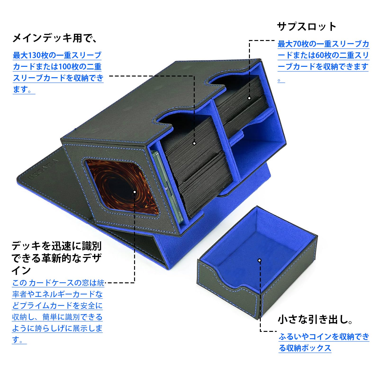 Amazon.co.jp: デッキケース トレカケース カードディスプレイウィンドウ ダイス入れ 200枚収納 仕切り板2つとマグネットローダー１つ付き MTG 遊戯王 ポケモン デュエマ 各種 カードゲーム BOX スリーブ対応 (黒内装青, 二列) : ホビー