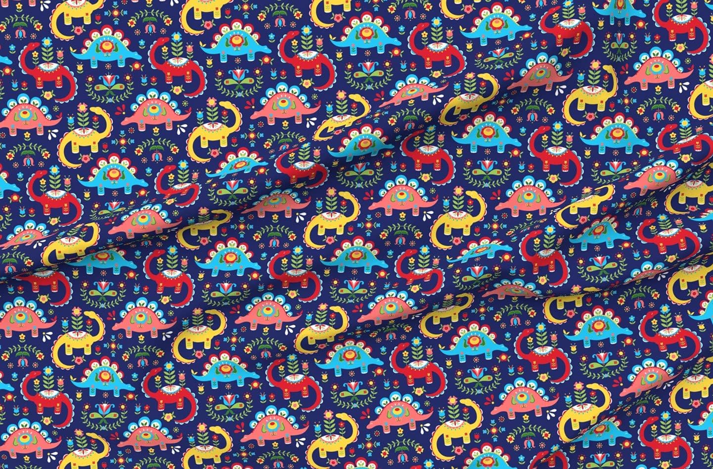 Spoonflower Fabric - Folk Art Dinosaurs Swedish Nursery Animals Printed on Minky Fabric by The Yard - Sewing Baby Blankets Quilt Backing Plush