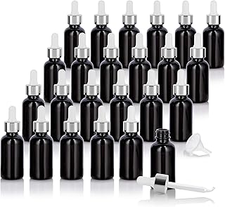 JUVITUS 1 oz Black Glass Luxury Boston Round Bottle with Silver Dropper (24 Pack) + Funnel Refillable Empty Storage Containers