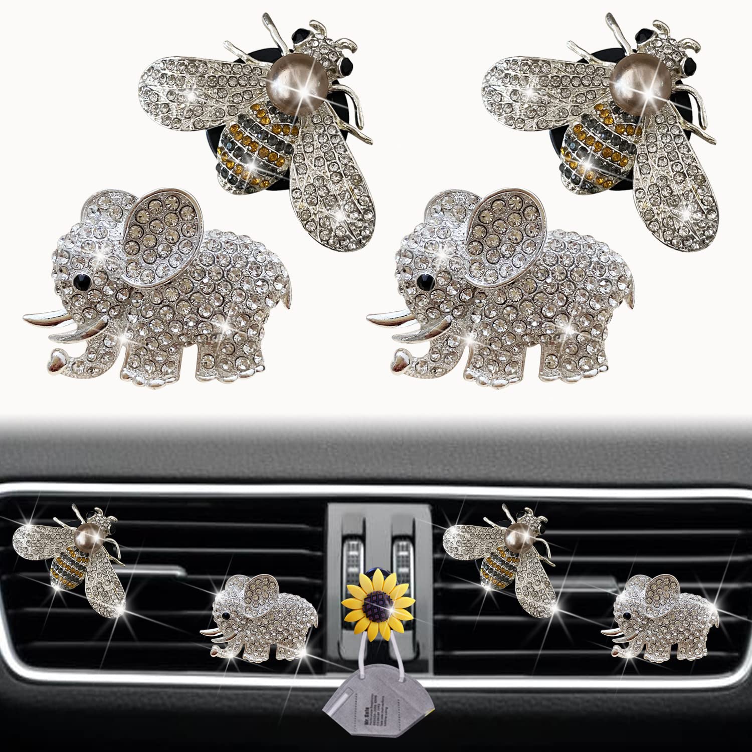 Bling Bee & Elephant Air Vent Clips, 4 Pcs Bee Car Air Fresheners Vents Clips Car Diffuser Diamond Funny Car Interior Decor Cute Car Accessories Car Decoration for Women +Sunflower Mask Hook