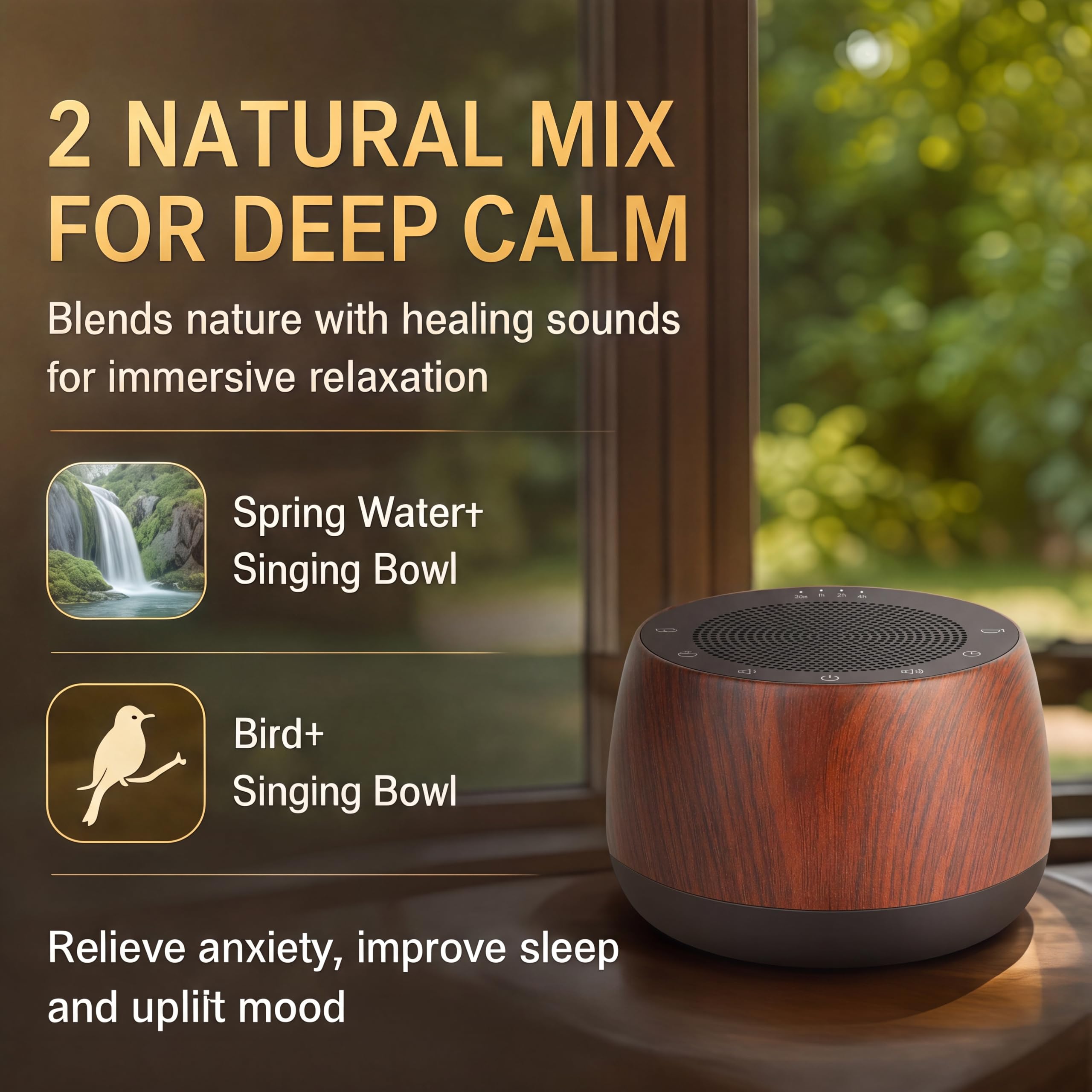 Cuenco Tibetano Electrónico, Máquina de Sonidos Inalámbrica con Temporizador, Accesorios de Meditación Yoga y Dispositivo de Terapia de Sonido para Casa y Estudio (Veta de Madera)