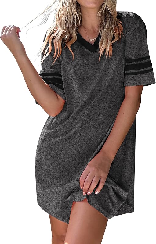 Ekouaer Camisones para Mujer Vestidos de Noche de Algodón Ropa de Dormir de Manga Corta | Camisas de dormir para mujer, remera informal, camisón con cuello en V, camisas de noche, camisa de pijama de bloque de Color suave, camisones de talla grande