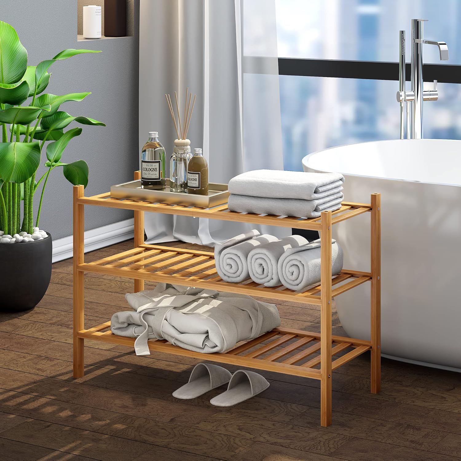 BMOSU 3-Tier Bamboo Shoe Rack Premium Stackable Shoe Shelf Storage Organizer for Hallway Closet Living Room Entryway Organizer (Natural Bamboo)