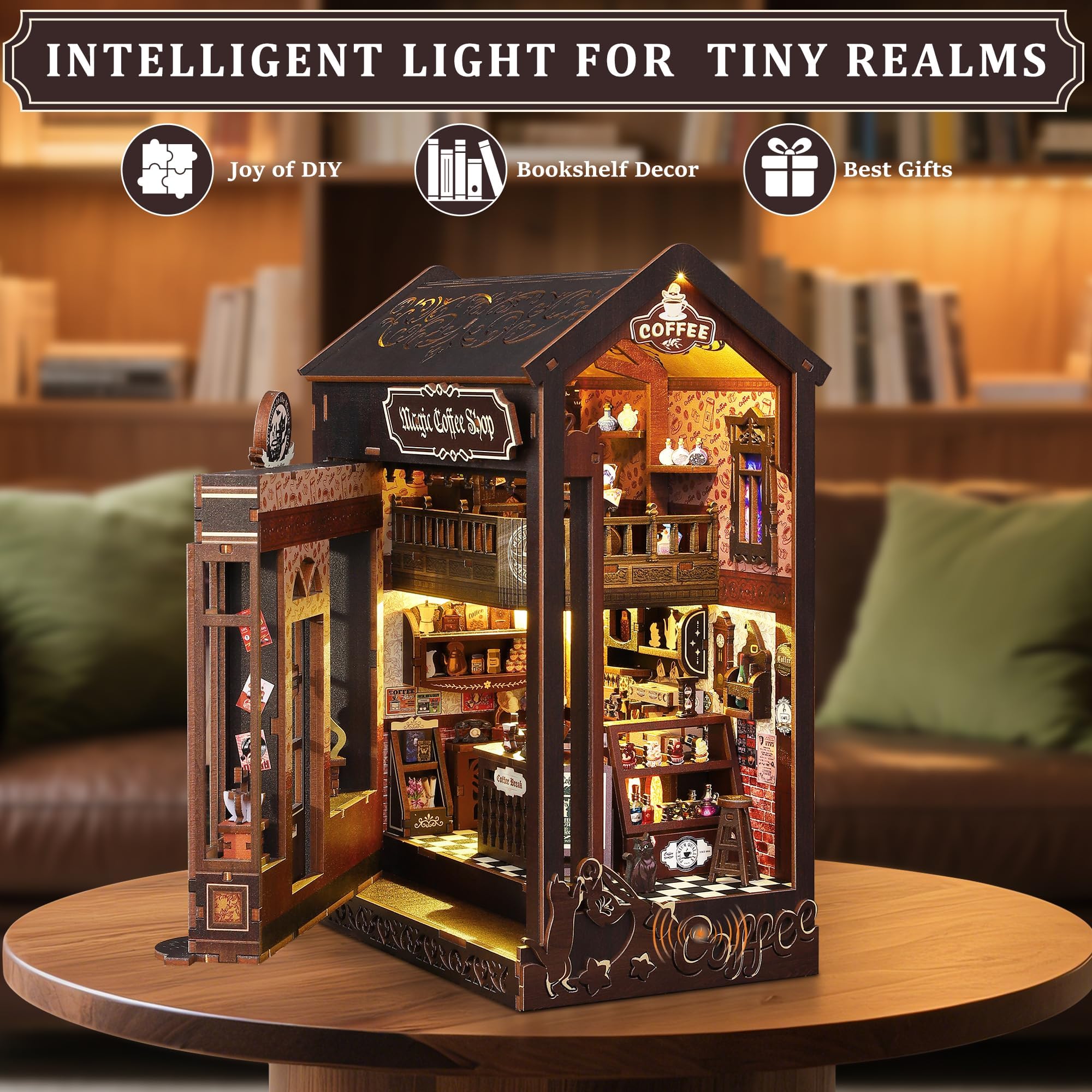 Book Nook Kit dla dorosłych: LUMYCE drewniane puzzle "zrób to sam" miniaturowy domek dla lalek 3D - podpórka na książki do regału na książki dekoracja z oświetleniem LED, kreatywny prezent dla