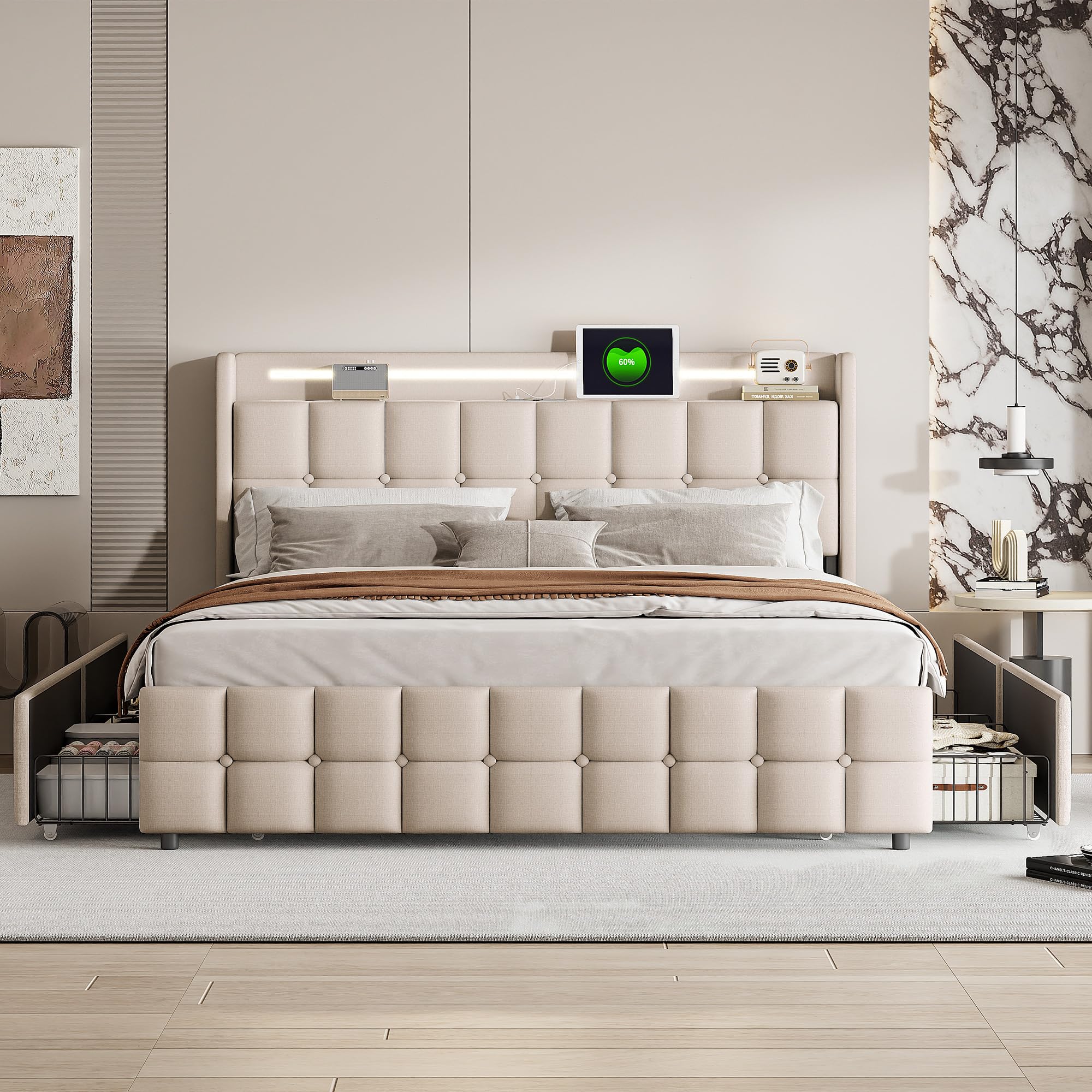 Polsterbett 180x200 mit LED, Doppelbett mit 4 Schubladen Stauraum und Kopfteil, Stauraumbett Jugendbett mit USB & Type-C, Bettgestell mit Lattenrost,Leinen in Beige, Ohne Matratze