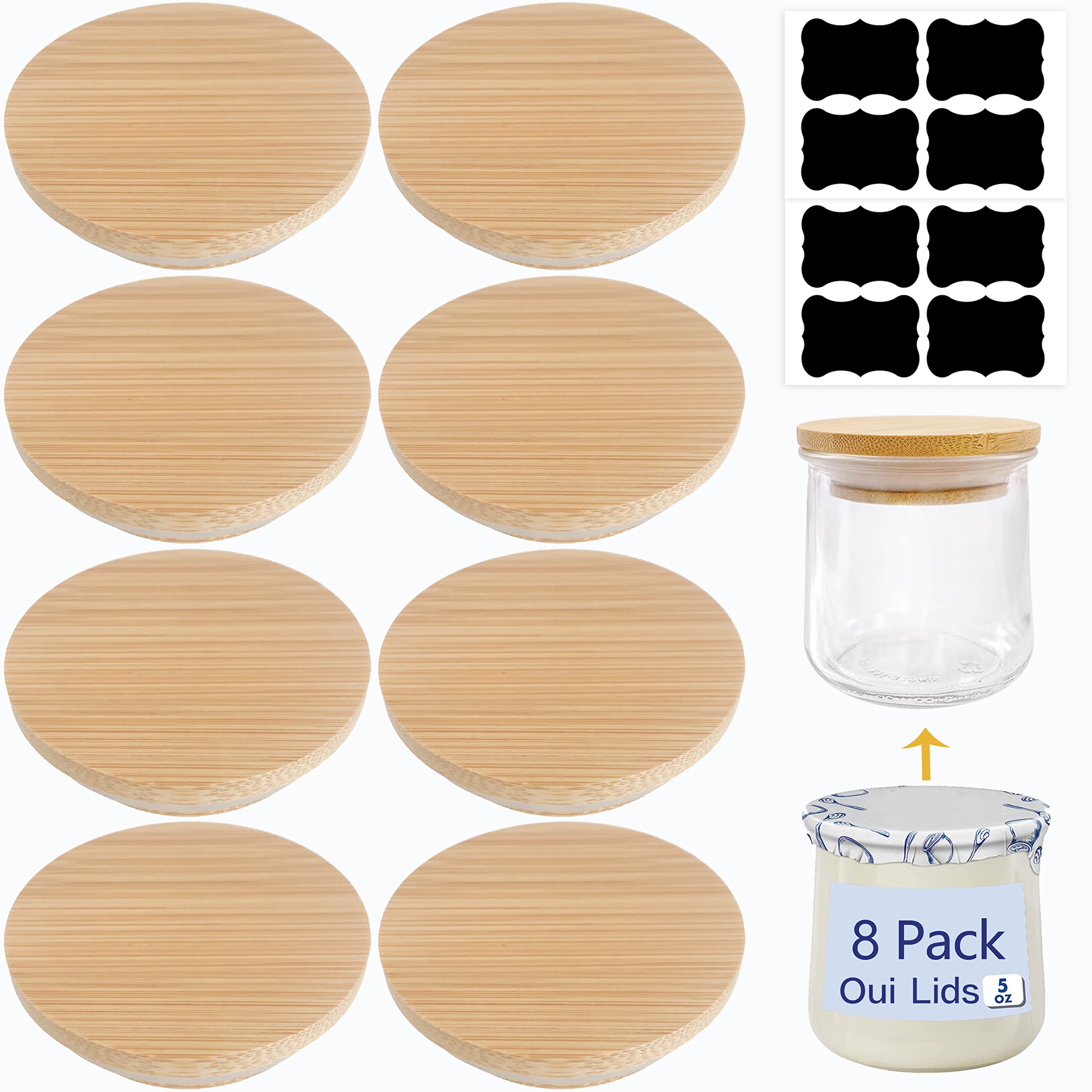 Oui jar lids 8Pack oui yogurt jar lids-Natural Bamboo Wood oui lids with Silicone Sealing Rings for Yoplait Yogurt Container,lids for oui yogurt jars with repeat writing label
