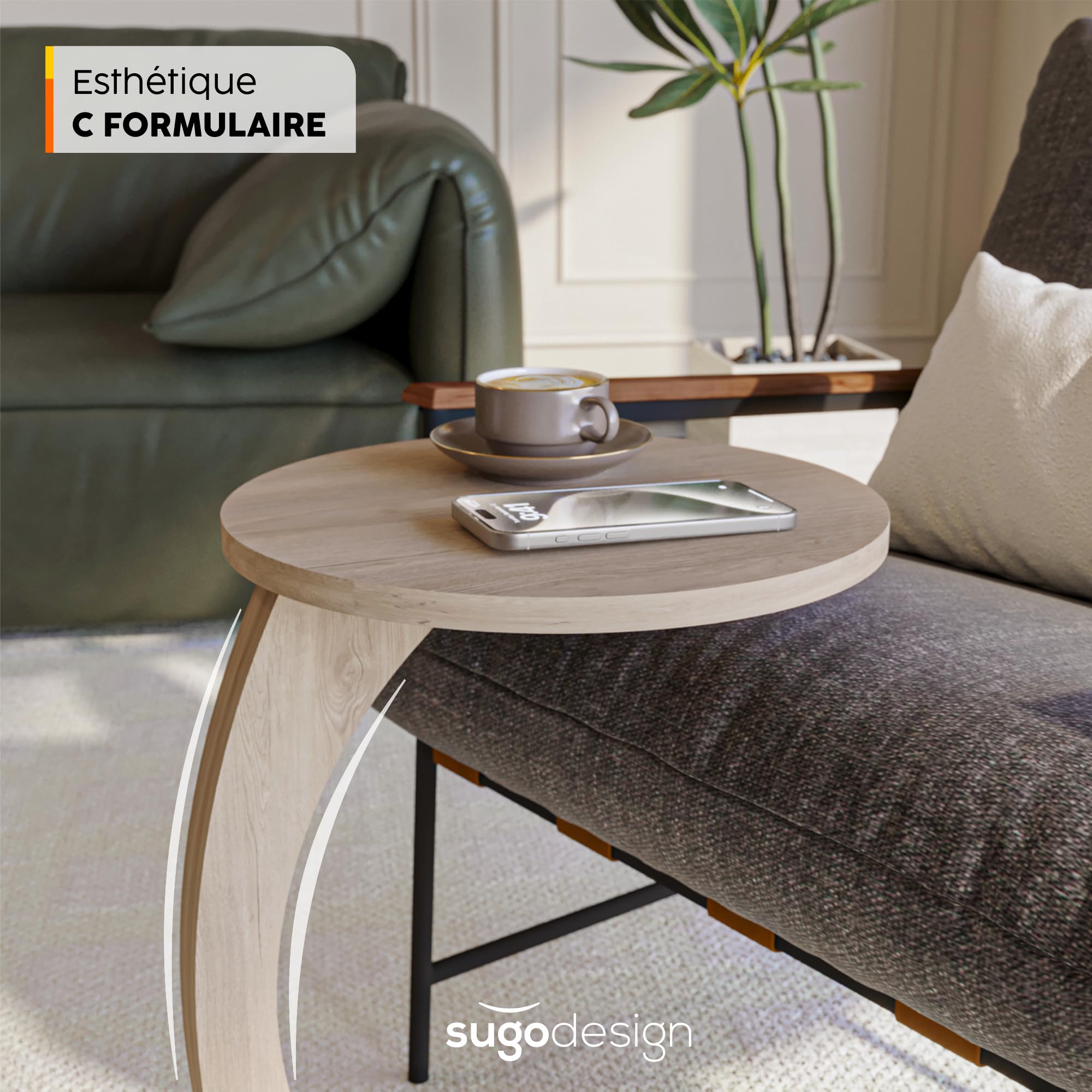 WOLTU Table D'Appoint Forme C - Table Basse Ronde Vintage 40 Cm - Effet Bois & Métal, Petite Table Canapé/Chevet