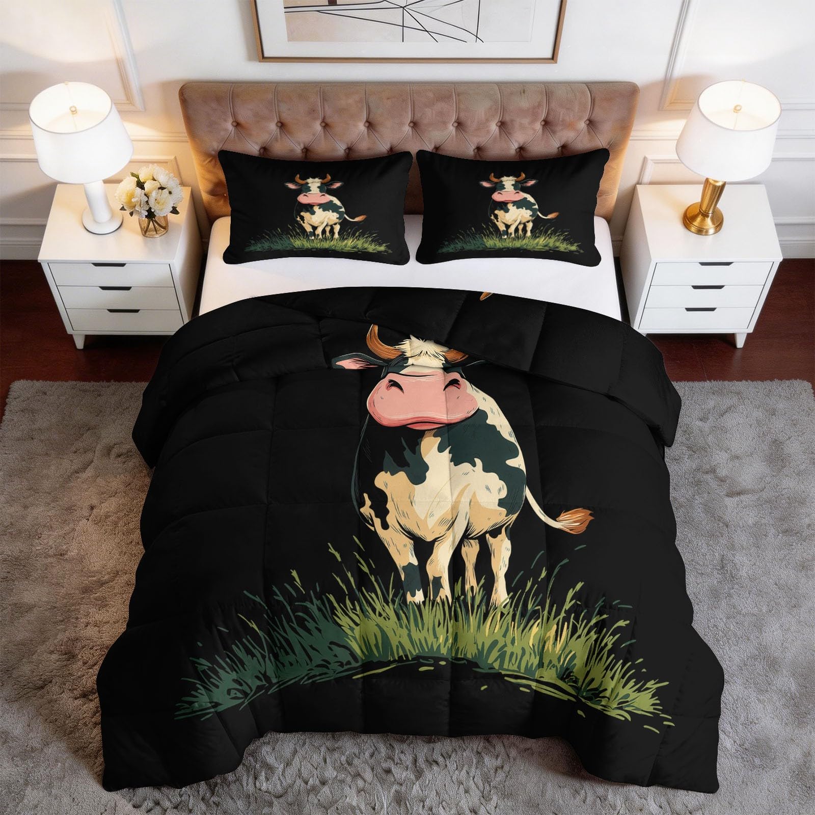 Schwarz-Weiße Kuh Bettdecke 135 x 200 cm 4 Jahreszeiten Steppdecke, Cartoon-Bauernhoftiere Waschbare Ganzjahresdecke Kleinkinder Kinder Bettwaren Set Babyzimmer Kinderzimmer Bettdecke Ohne Bezug