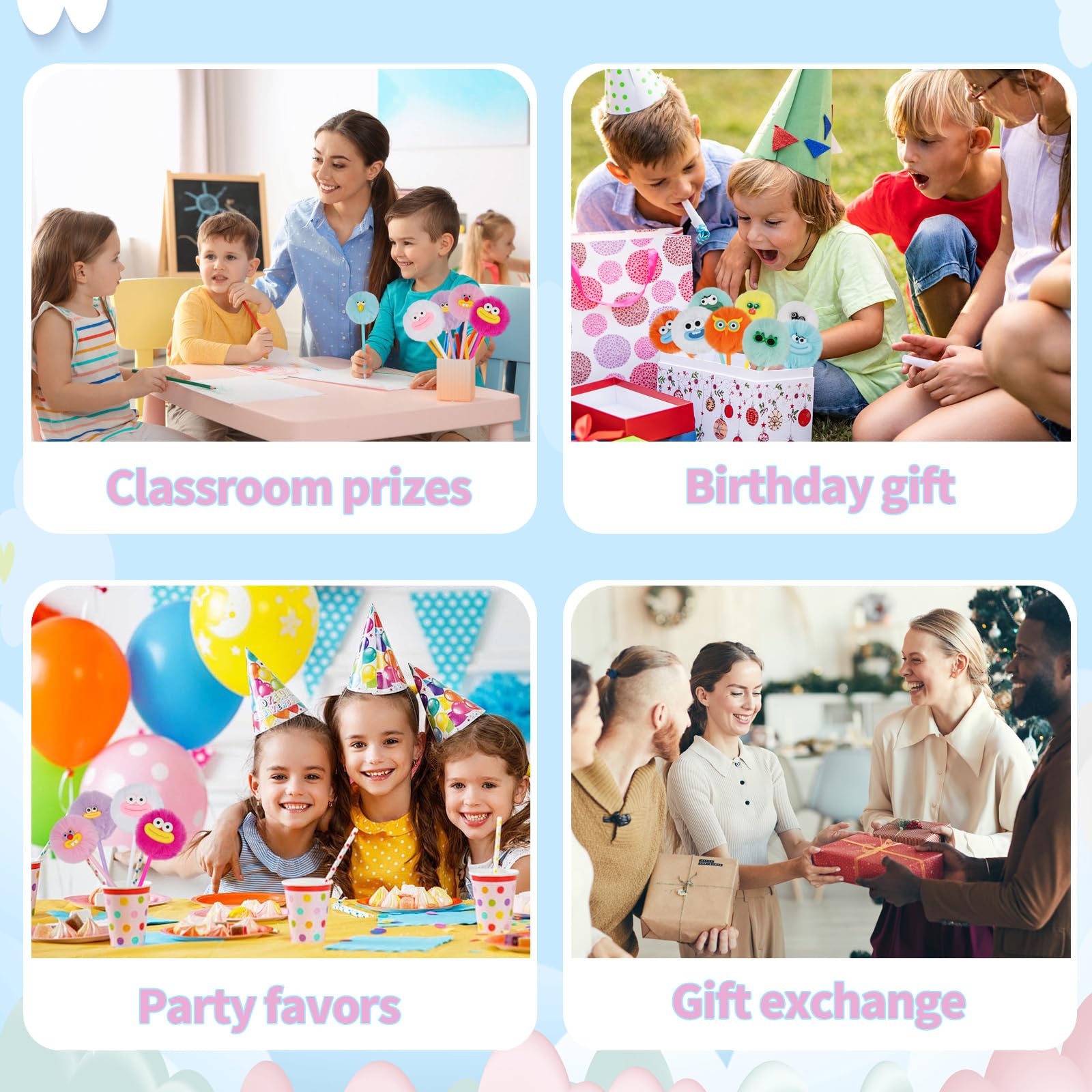 OMyFav 30 bolígrafos esponjosos con pompones lindos y divertidos bolígrafos kawaii para niños, animales de peluche coloridos para premios de aula, suministros de oficina