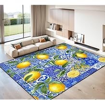 9x12 Area Rugs for Living Room Mediterranean Seamless Blue Majolica Tiles Yellow Lemons Endless Washable Large Area Rug for Bedroom Non Slip Outdoor Carpets Soft Mats Kitchen Home Office Decor