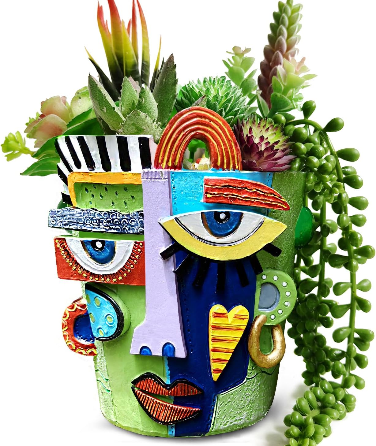 5.9" High Handcrafted Abstract Face Planter with Drain Hole - Vibrant Resin Flower Pot for Indoor Outdoor Decor