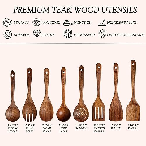 Miniatura 4 de Cucharas de madera de 8 piezas para cocinar, utensilios de madera de teca de acabado liso, juego de cocina antiadherente, agarre cómodo, utensilios
