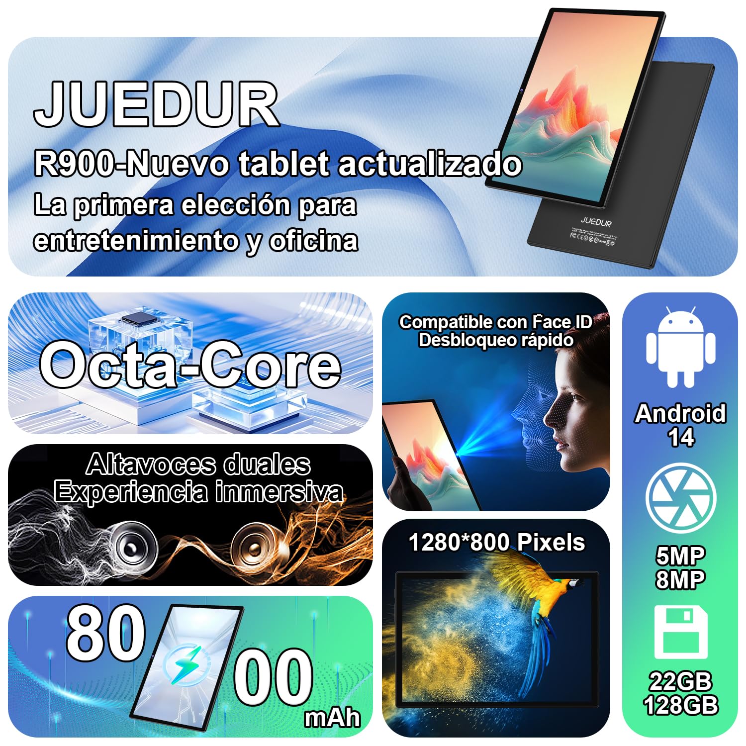 Tablet 10 Pulgadas Android, 22GB RAM+128GB ROM (TF 1TB), 8000mAh, Octa-Core 2.0 GHz, 5G+2.4G Dual Band WiFi 6, Widevine L1, GPS, Face ID, GMS, 5MP+8MP, BT5.0, Tablet con Teclado y Ratón - Negro