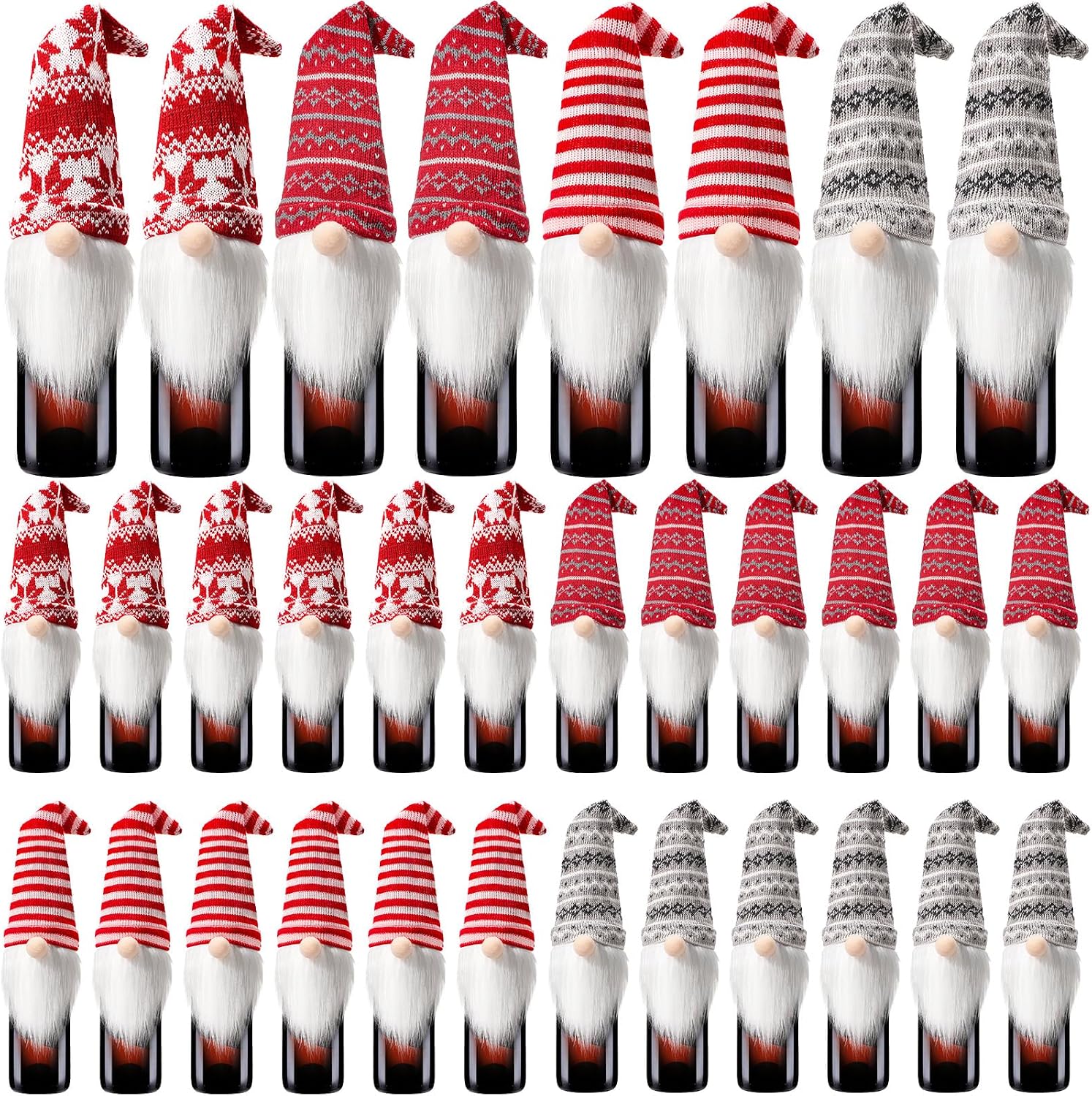 Honeydak 32 Pcs Christmas Gnome Wine Bottle Toppers Knit Hat Party Decor | Handmade Plush Covers with White Beard, 4 Nordic Patterns, Reusable for Holiday Table, Scandinavian Gifts for Festive Dinner