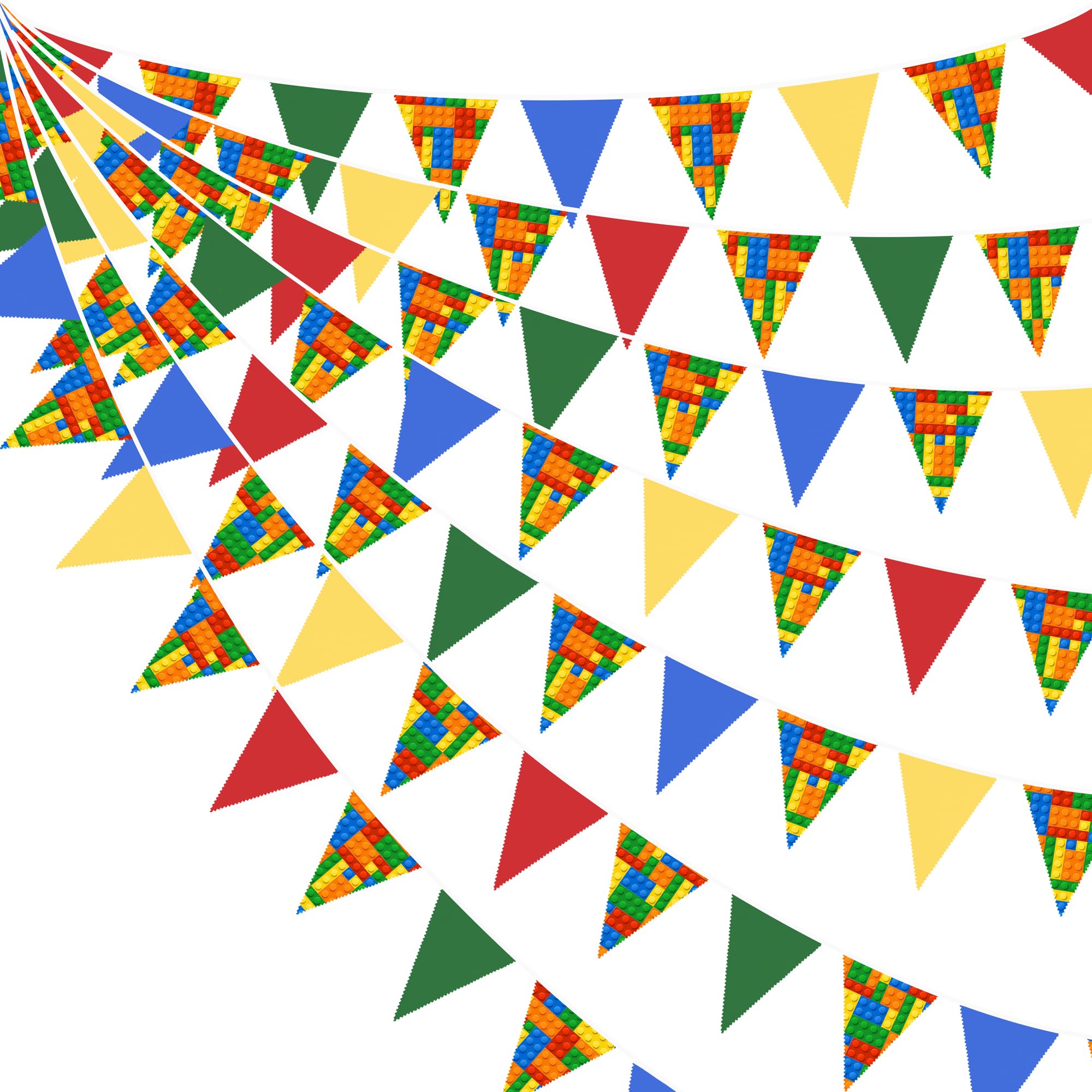 32Ft Building Block Party Decorations Red Blue Yellow Green Colorful Building Block Triangle Flag Pennant Bunting Banner Fabric Garland Streamers for Kids Birthday Baby Shower Outdoor Garden Decor